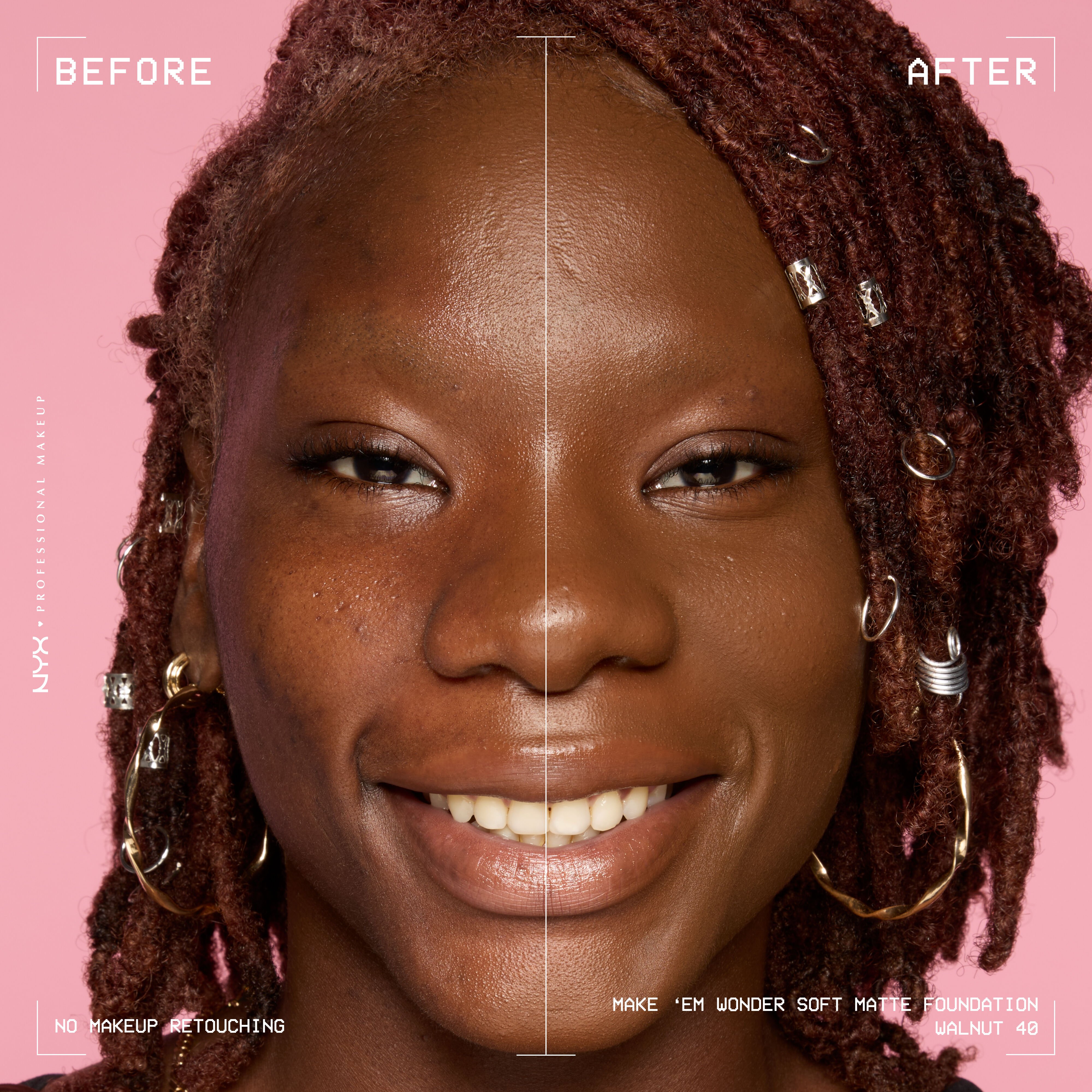 Before-and-after model wearing NYX Make ’Em Wonder Foundation shade 40 Walnut, text overlay “Before / After.”