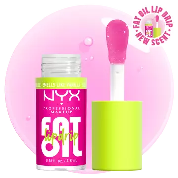 NYX Professional Makeup Fat Oil Lip Drip lip gloss in pink-tinted & vanilla-scented shade Suga Baddie, shown with applicator and open tube against soft pink glossy background.