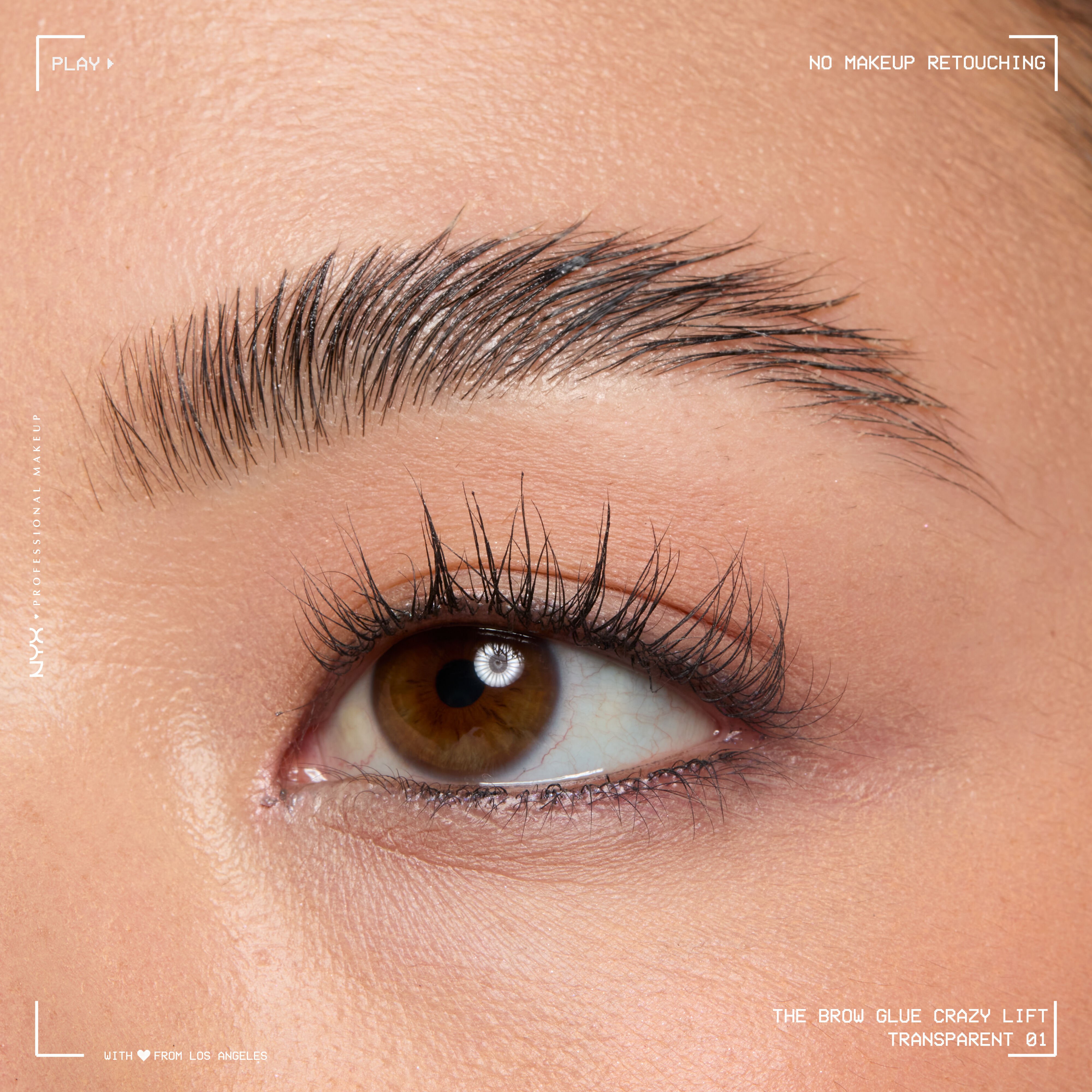 Closeup image of lifted eyebrow that has been styled with The Brow Glue Crazy Lift