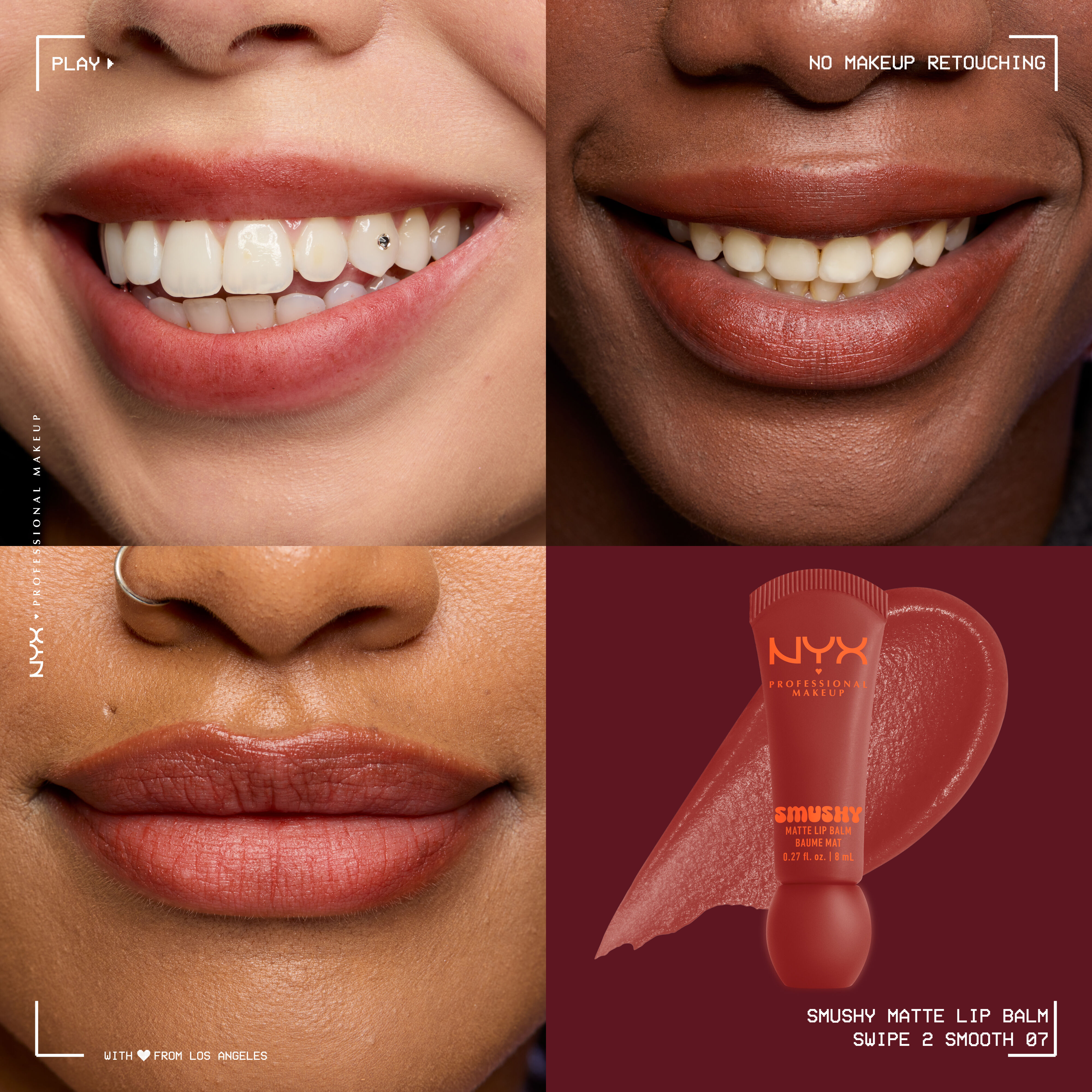 Smushy Matte Lip Balm in cherry cola brown shade, Swipe 2 Smooth, on three different skin tones