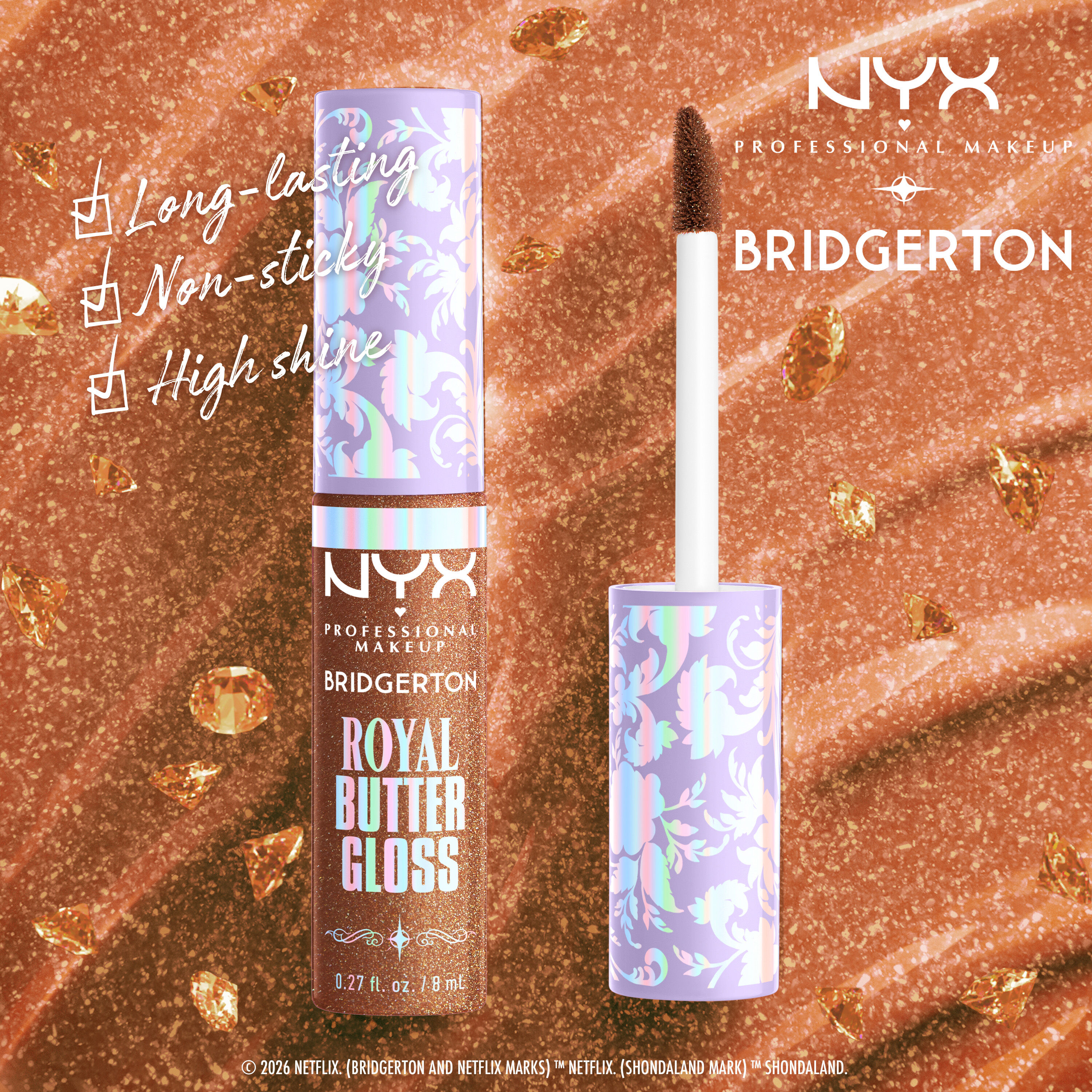 NYX Royal Butter Gloss displayed with applicator wand, highlighting benefits like long-lasting, non-sticky, and high shine in shade Pout And About, Toffee Temptation