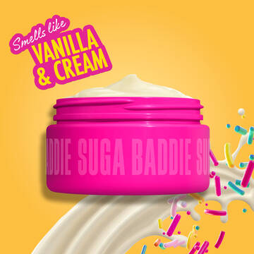 Open pink jar of Suga Baddie Body Butter with text: "Smells like vanilla & cream" on yellow/orange background with whipped cream and sprinkles. 
