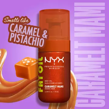 NYX Professional Makeup Body Oil in Caramel Mami with caramel and pistachio scent, shown with glossy caramel swirl and product bottle on purple background.
