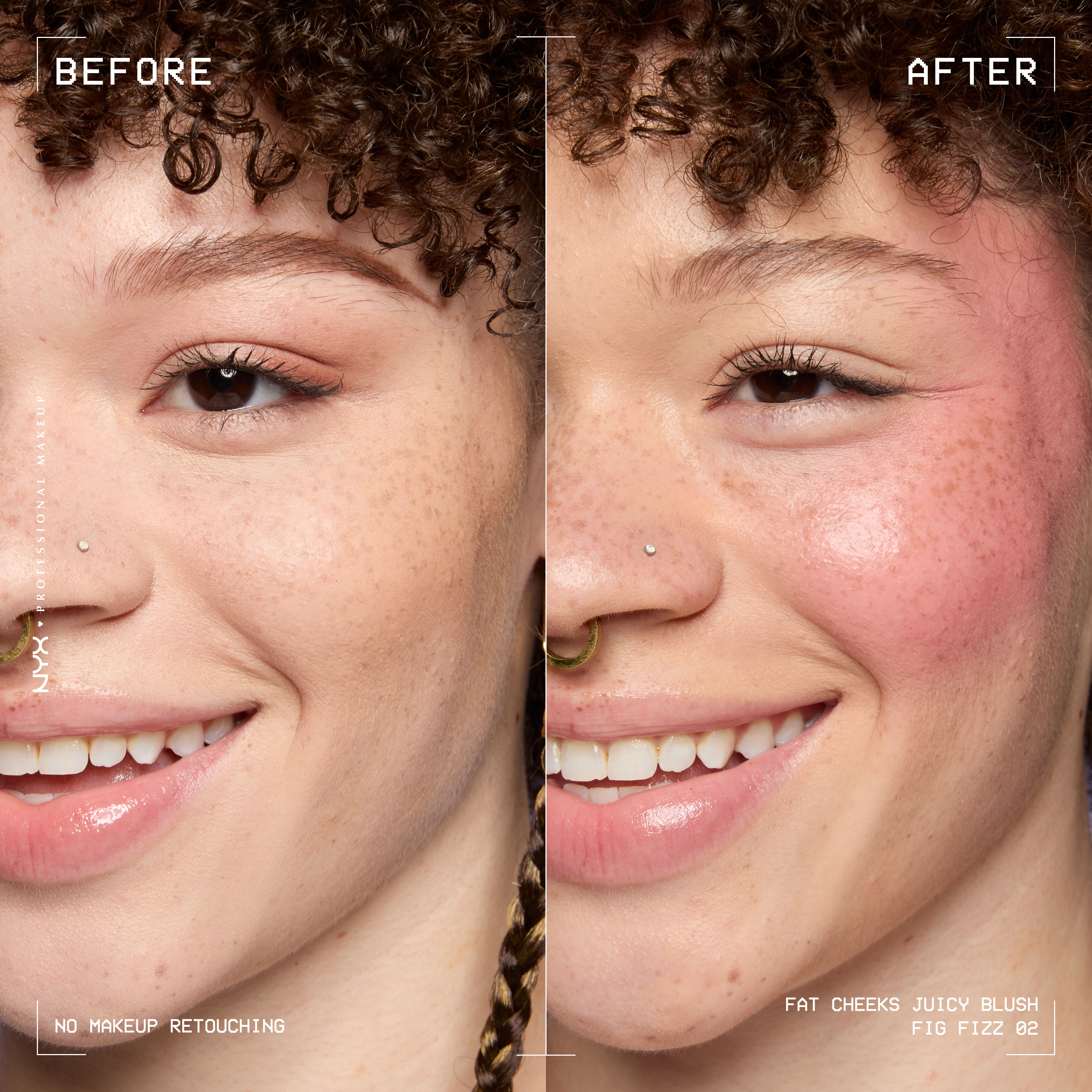Model before and after applying Fat Cheeks liquid blush in shade Fig Fizz