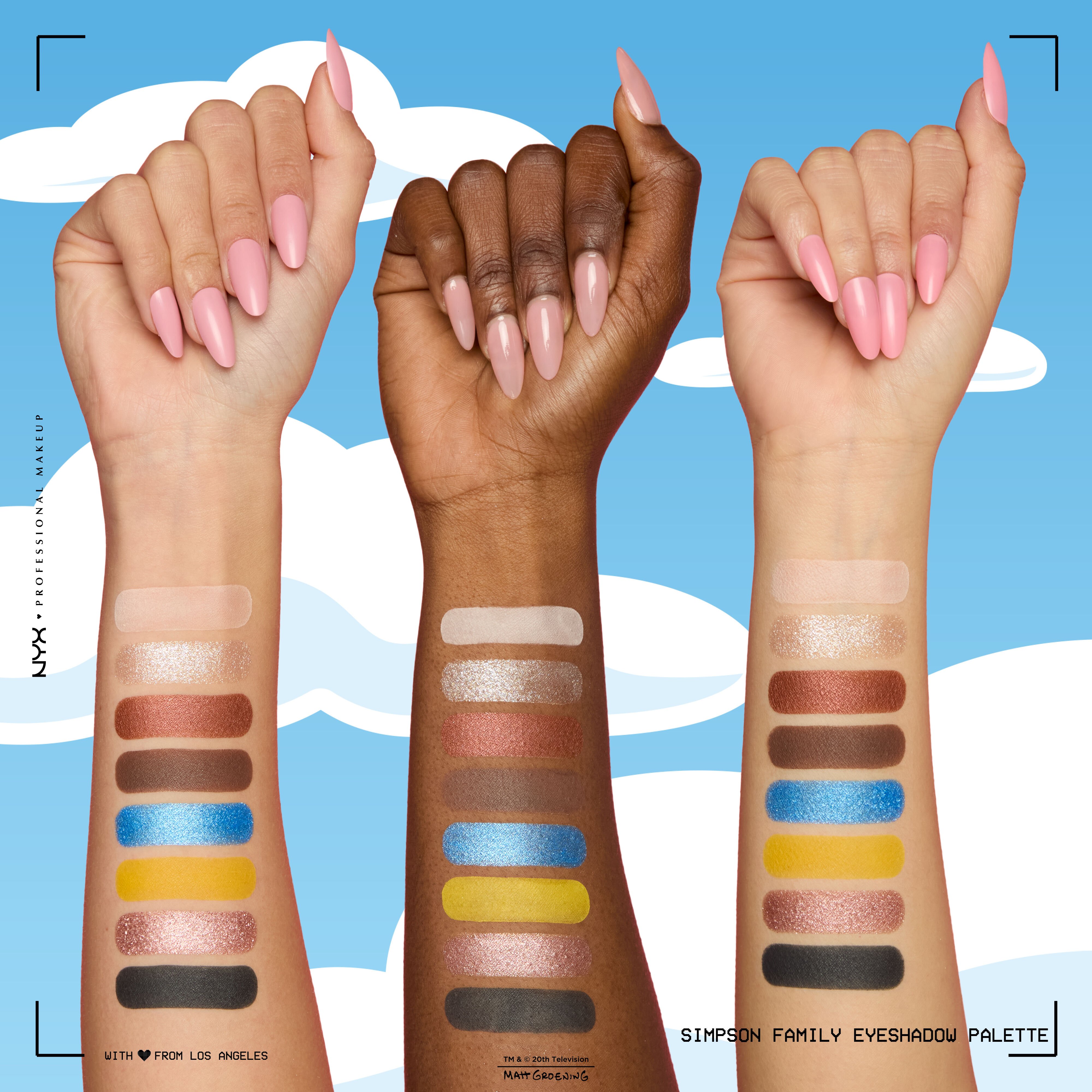 NYX The Simpsons Family Color Palette armswatch showing multiple eyeshadow shades applied on three arms of light, medium, and dark skintones.