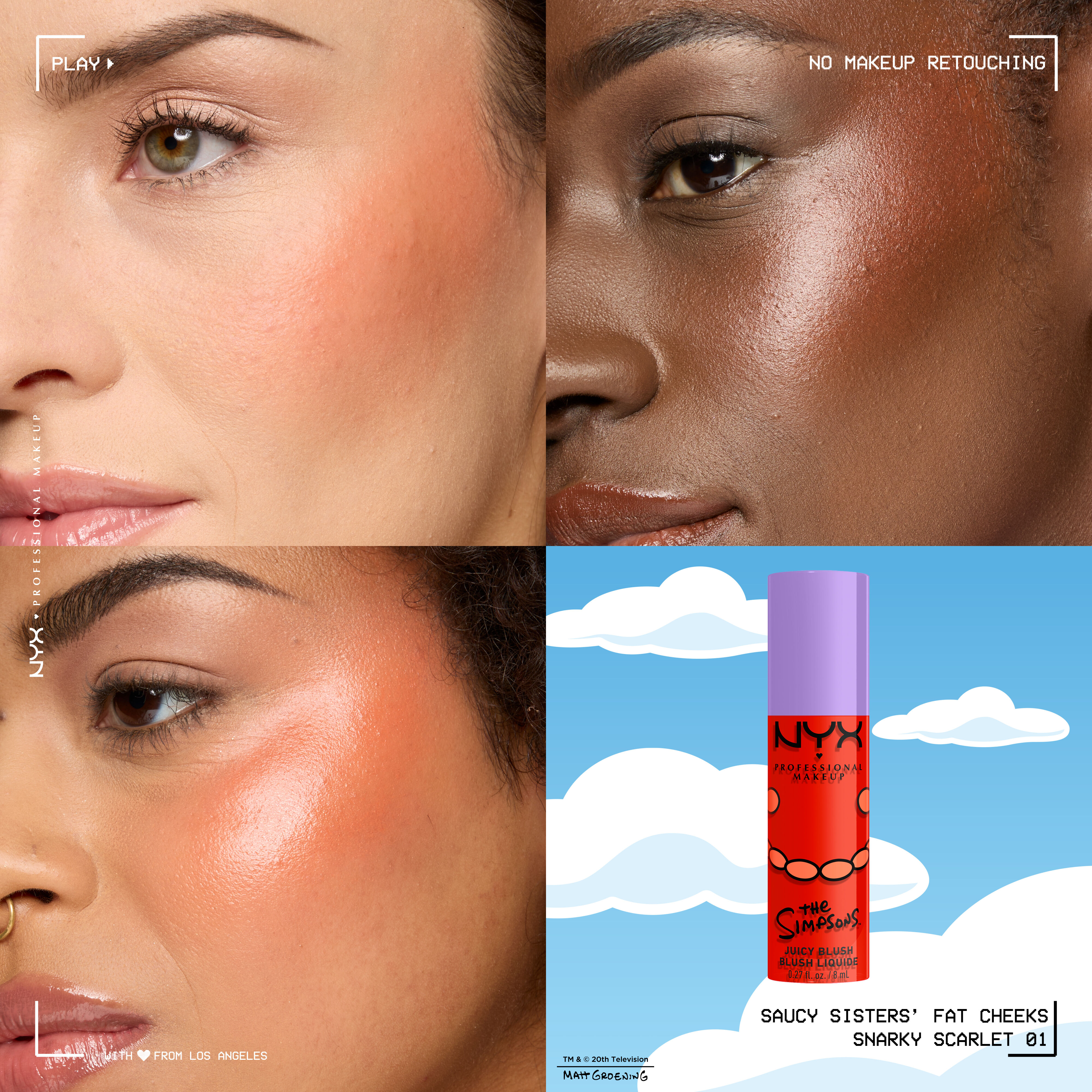 NYX Professional Makeup The Simpsons Fat Blush shade grid showing product swatches on different skin tones with product packaging in shade 01 Snarky Scarlet