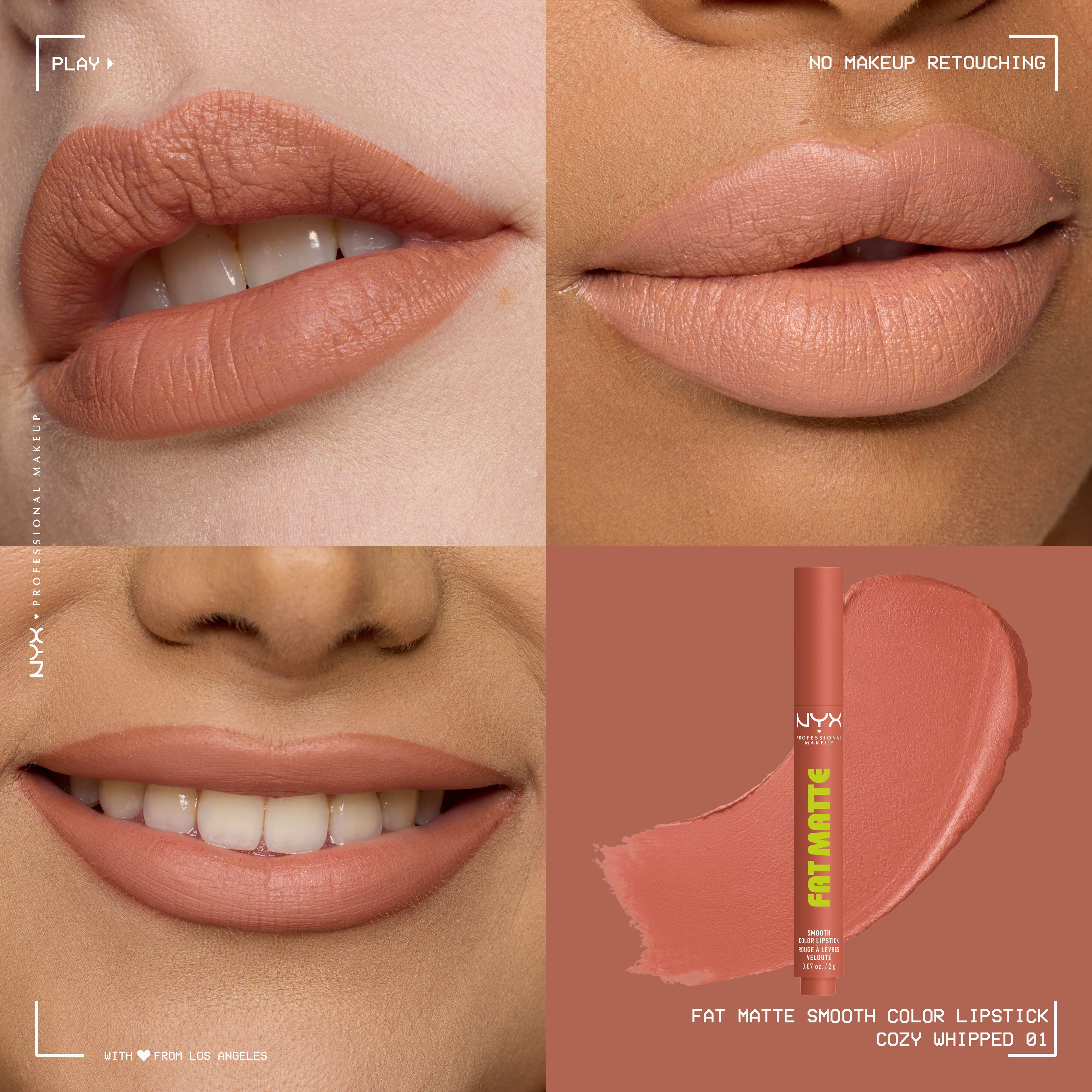 Four-panel grid showing NYX Professional Makeup Fat Matte Smooth Color Lipstick in shade Cozy Whipped on three diverse skin tones with a smooth, non-cakey matte finish, alongside the click-pen packshot and shade swatch.