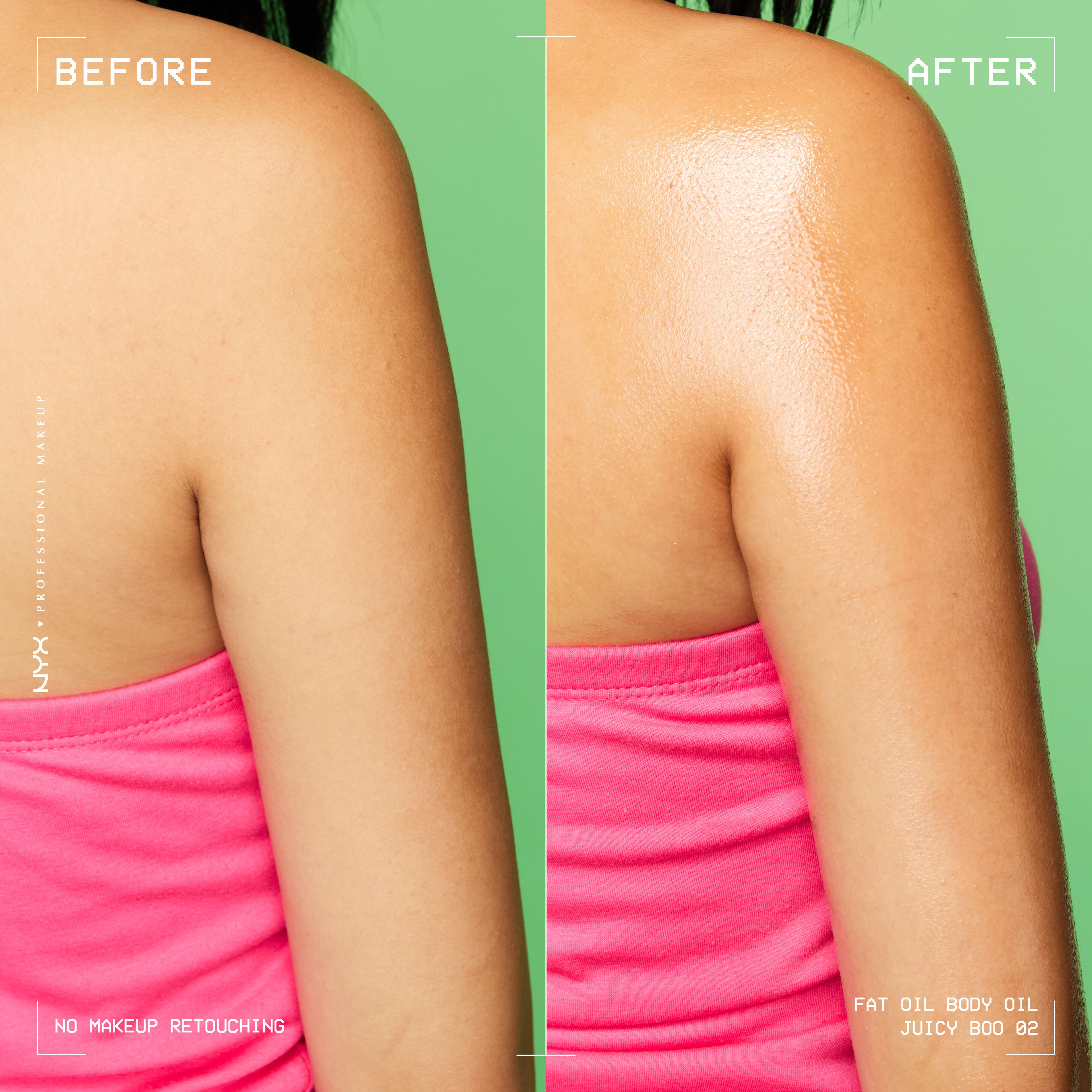 Side-by-side comparison of a person’s upper back and shoulder using Juicy Boo Body Oil.