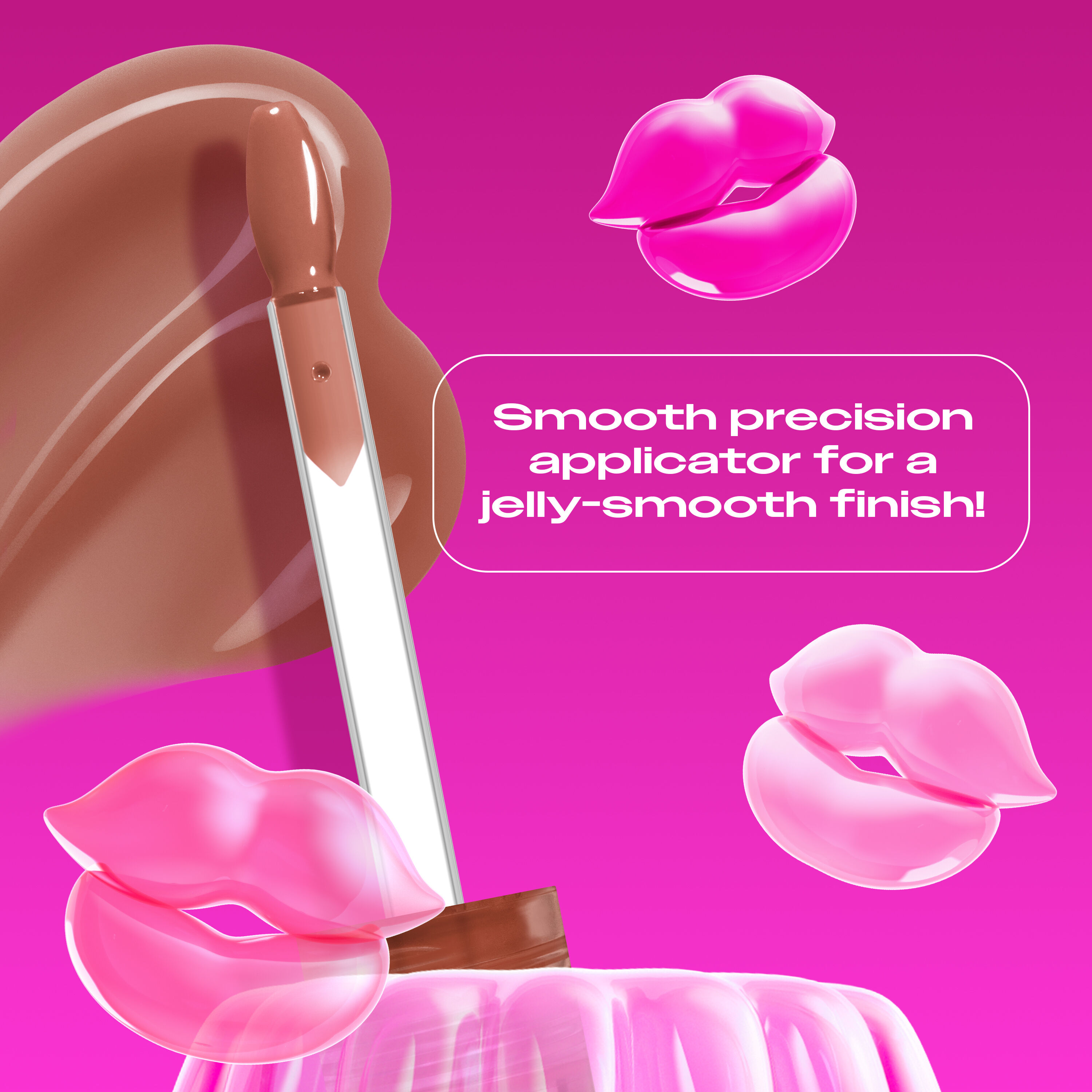 Jelly Job Lip Gloss applicator & swatch in shade 'Toast N' Jelly', with text on precision applicator for smooth lip finish  