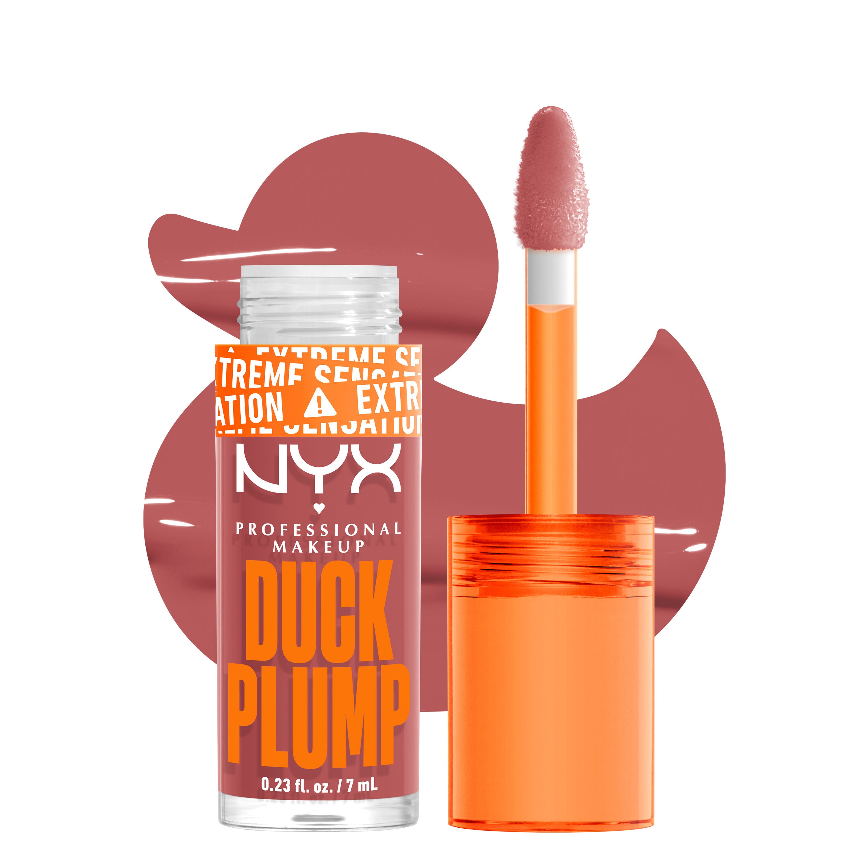 Duck Plump lip gloss bottle and applicator with duck cutout background