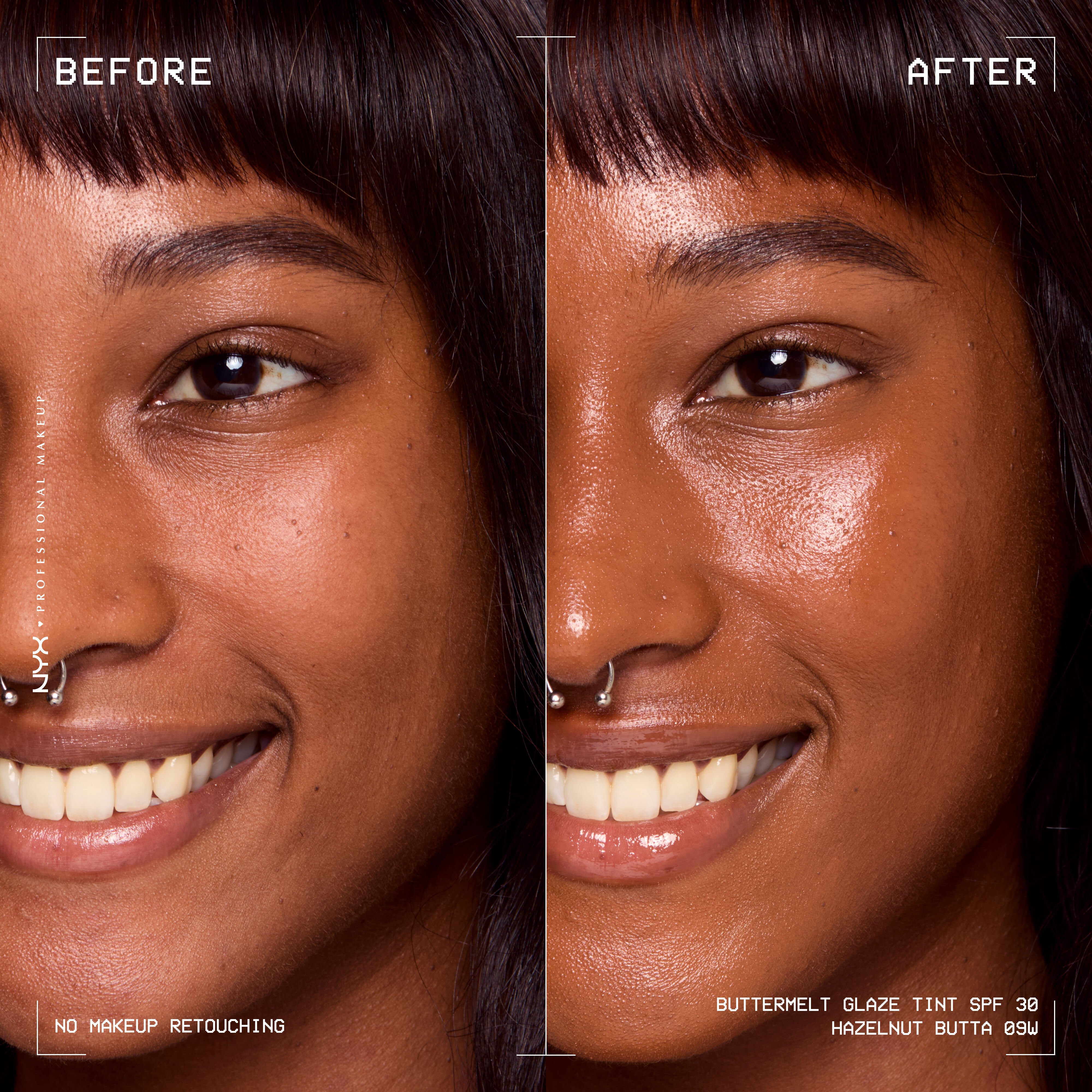 before and after images of person wearing Buttermelt Glaze Skin Tint with SPF 30