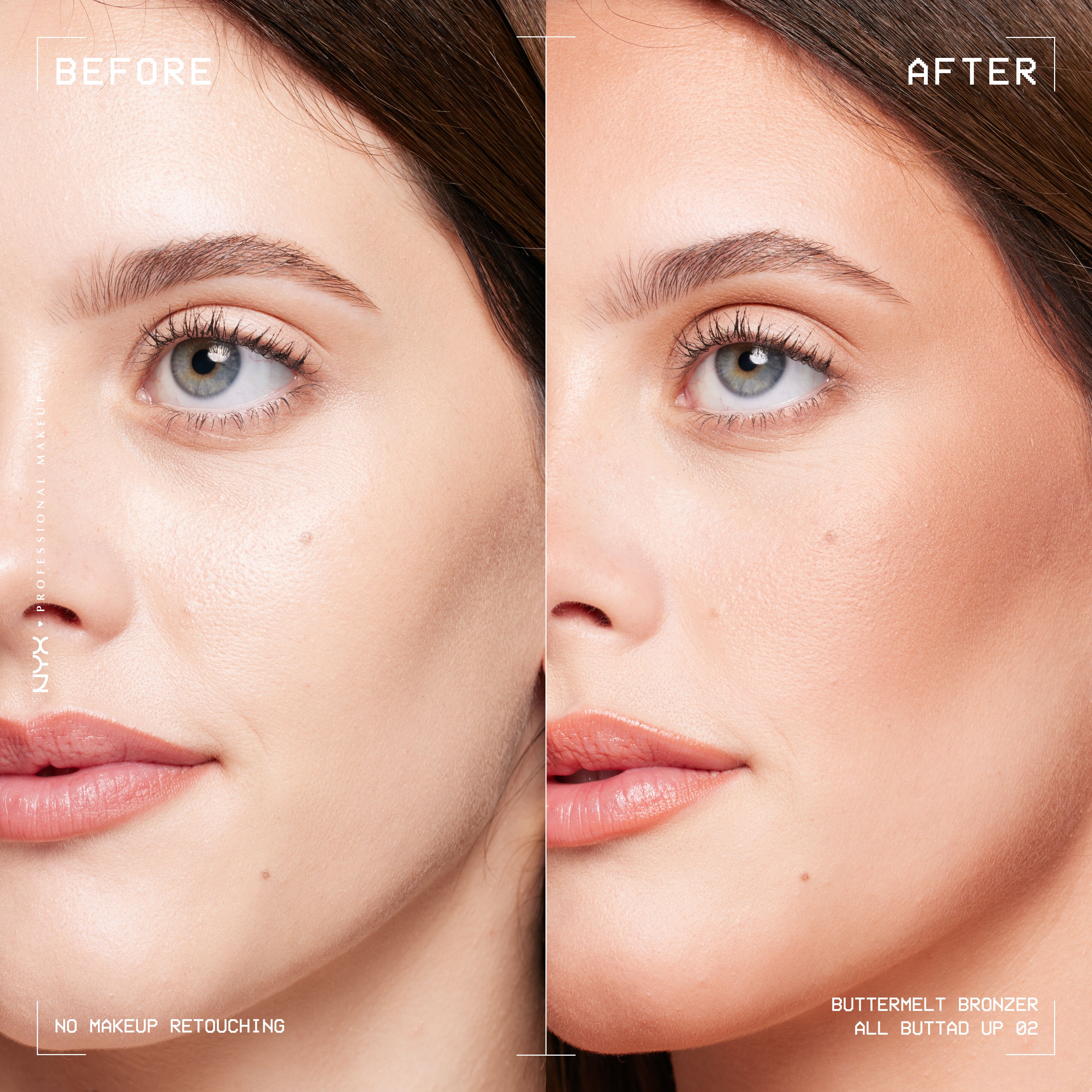 Buttermelt Bronzer in shade All Buttad Up, a light medium neutral shade, before and after on a model