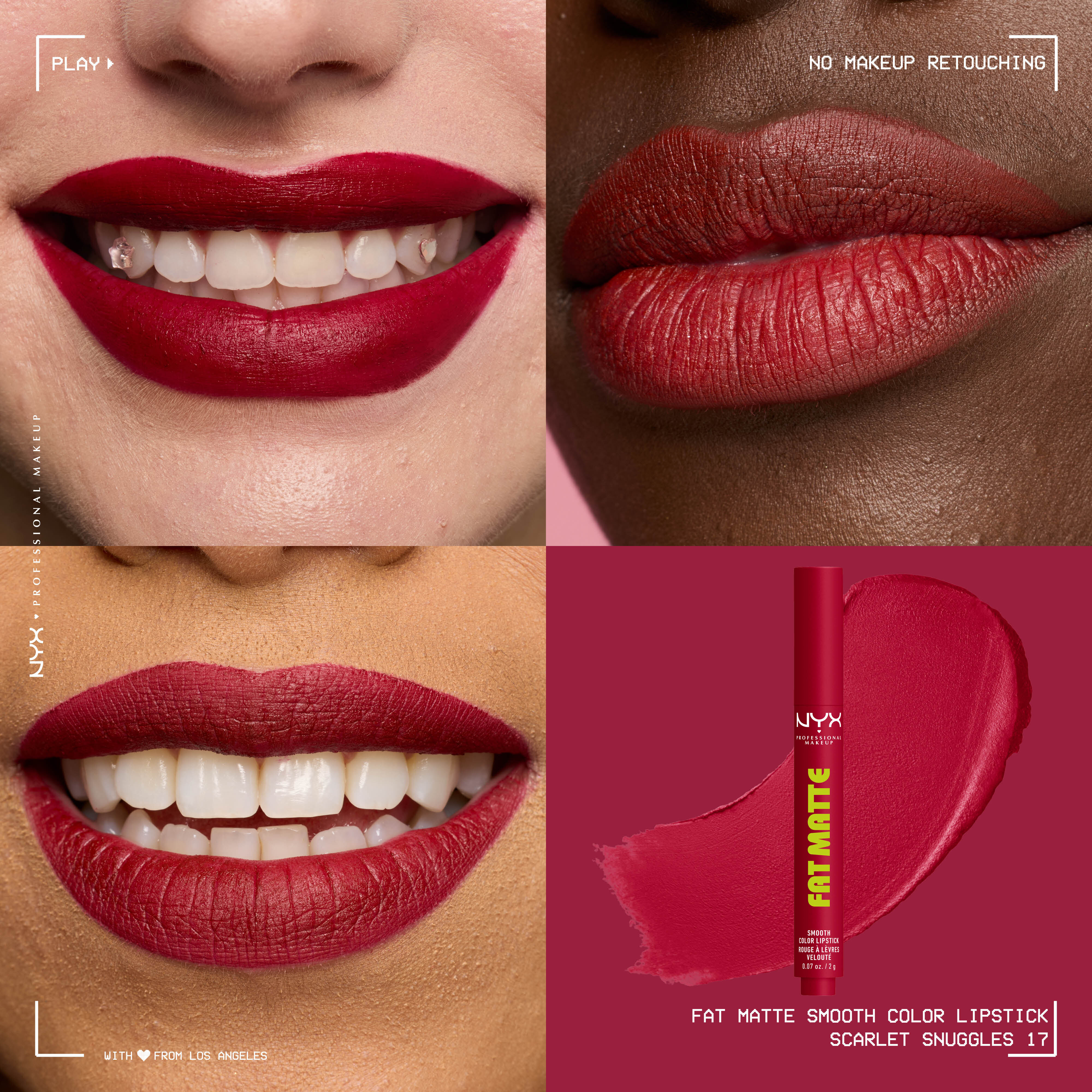 Four-panel grid showing NYX Professional Makeup Fat Matte Smooth Color Lipstick in shade Scarlet Snuggles on three diverse skin tones with a smooth, non-cakey matte finish, alongside the click-pen packshot and shade swatch.
