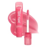 Open Jelly Job Jelly Lip Gloss in shade 'Jelly Blushin'', a pale pink jelly gloss with shade swatch in the background