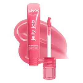 Open Jelly Job Jelly Lip Gloss in shade 'Jelly Blushin'', a pale pink jelly gloss with shade swatch in the background