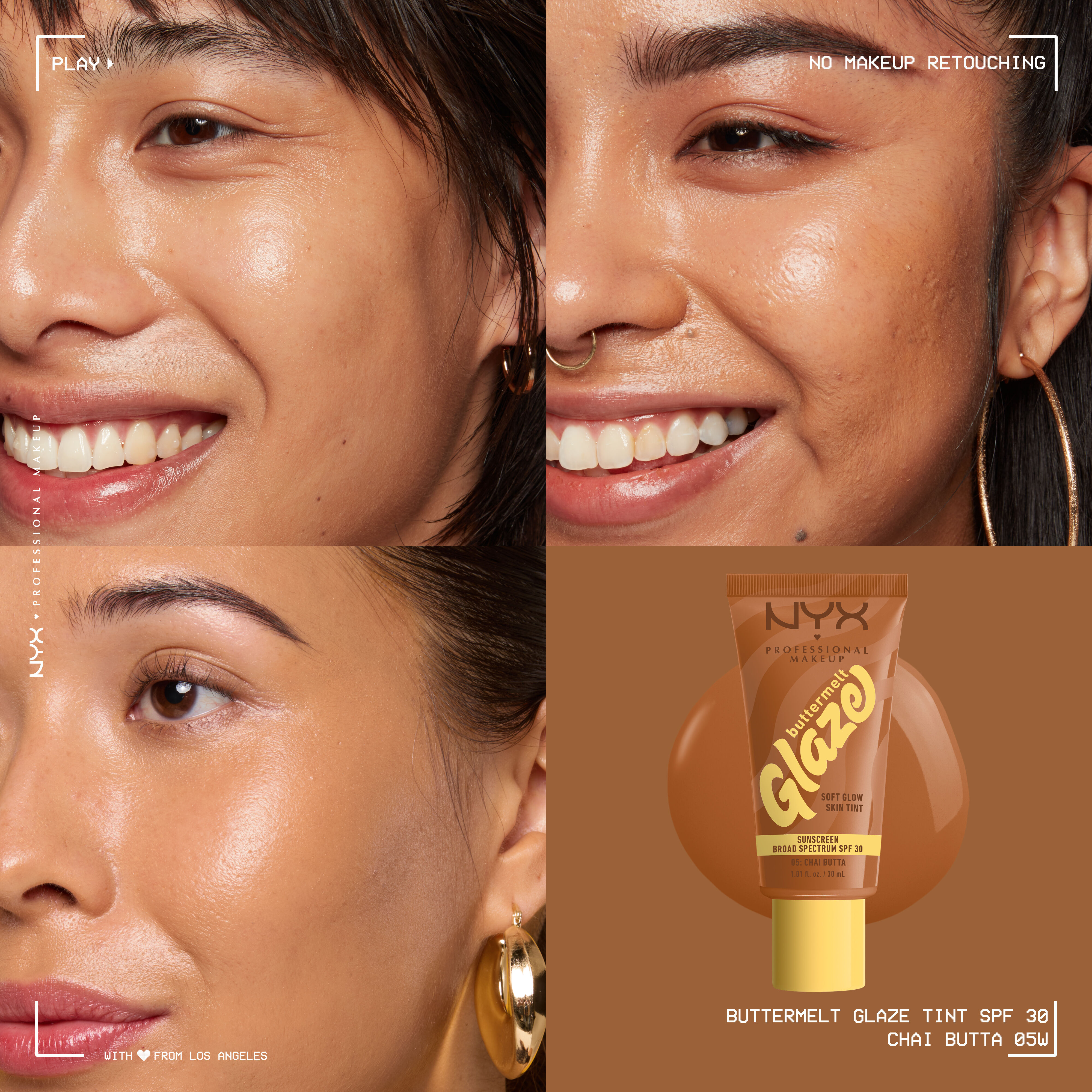 closeups of three models wearing Buttermelt Glaze Skin Tint with SPF 30 with bottle
