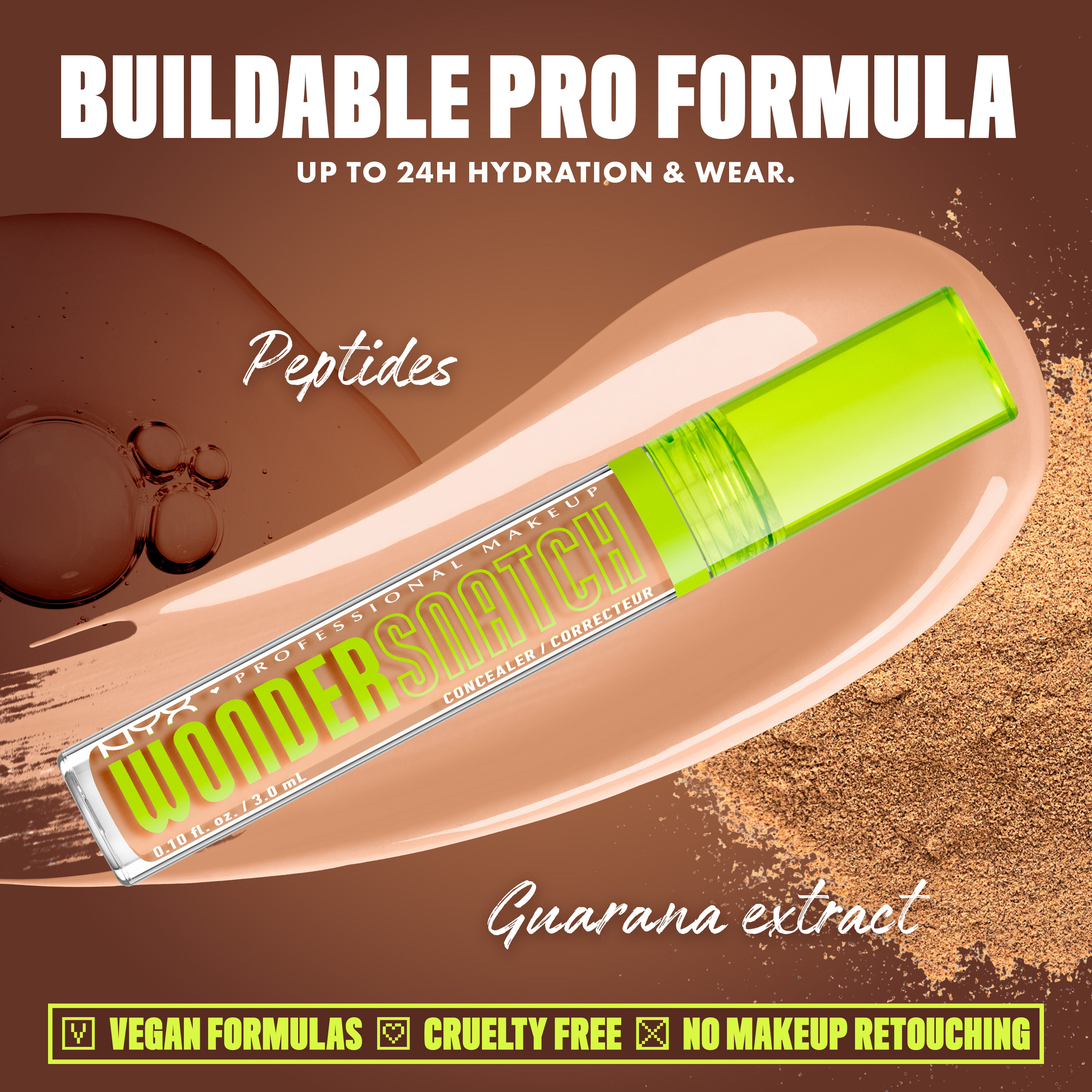 Wonder Snatch(TM) Concealer image with text: "Buildable Pro Formula. Up to 24H Hydration & Wear. Peptides. Guarana extract. Vegan Formulas. Cruelty Free. No Makeup Retouching."