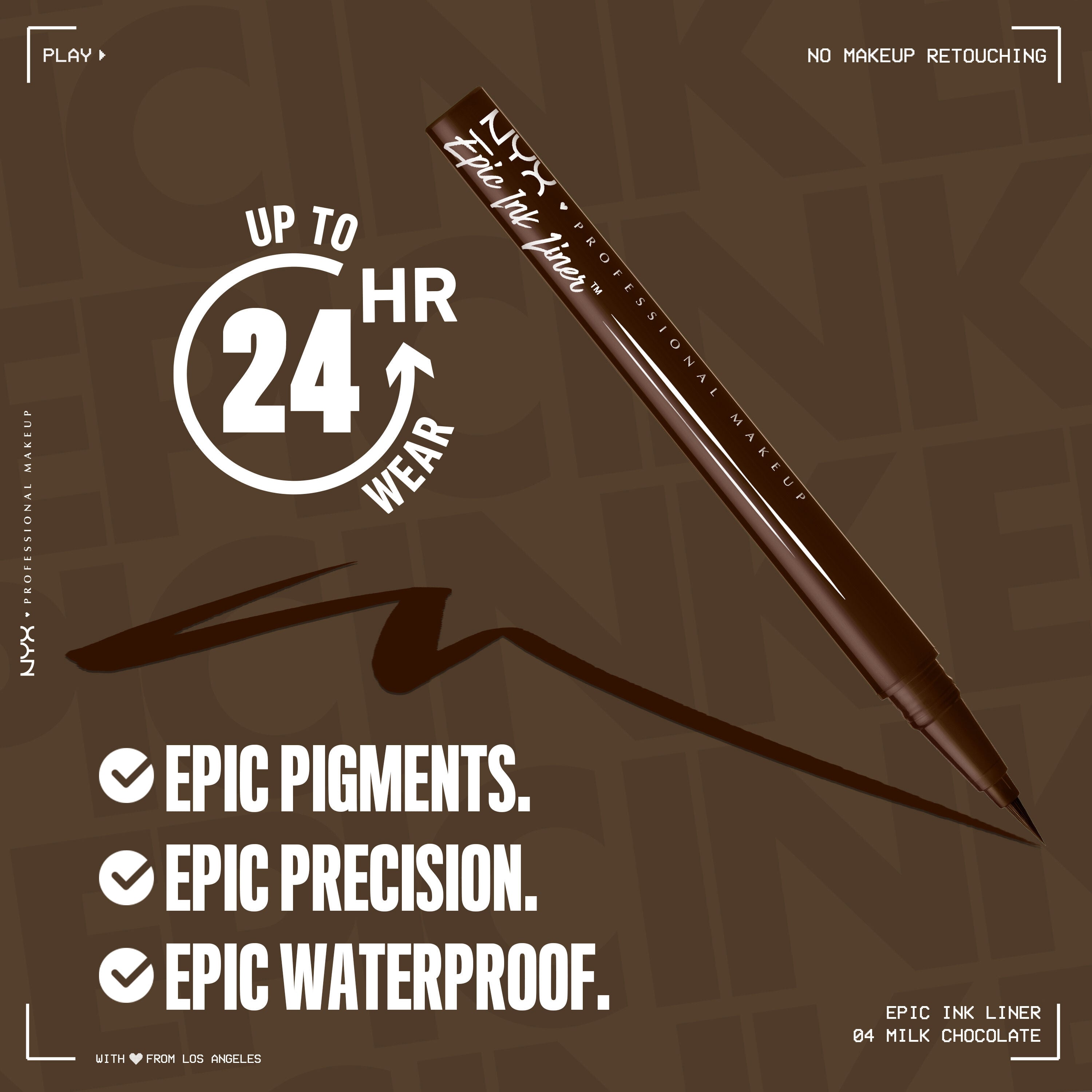 Epic Ink Liner Pen in true brown with text saying "Up to 24 HR wear. Epic Pigments. Epic Precision. Epic Waterproof"