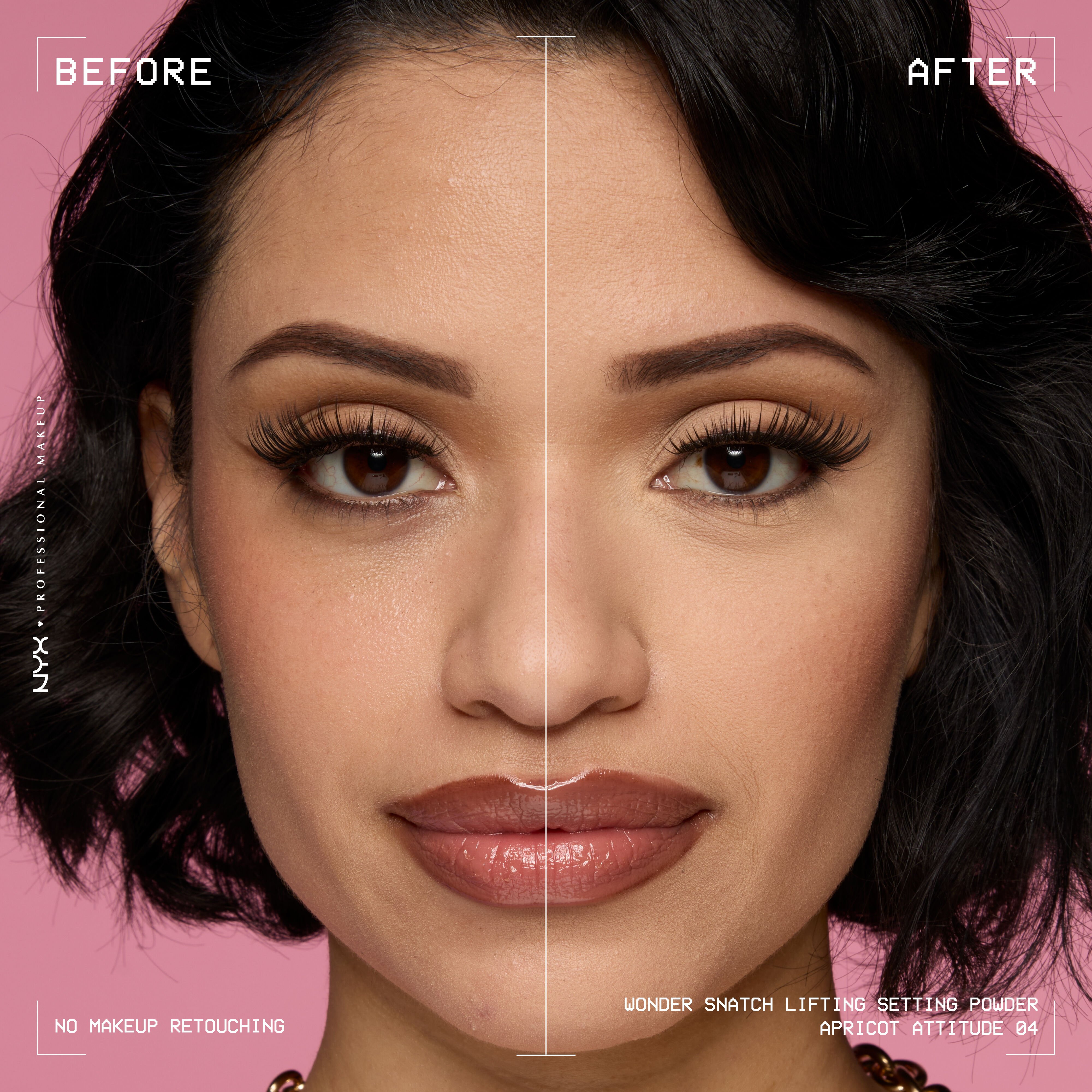 Smiling model before and after applying Wonder Snatch Loose Setting Powder in translucent medium shade Apricot Attitude