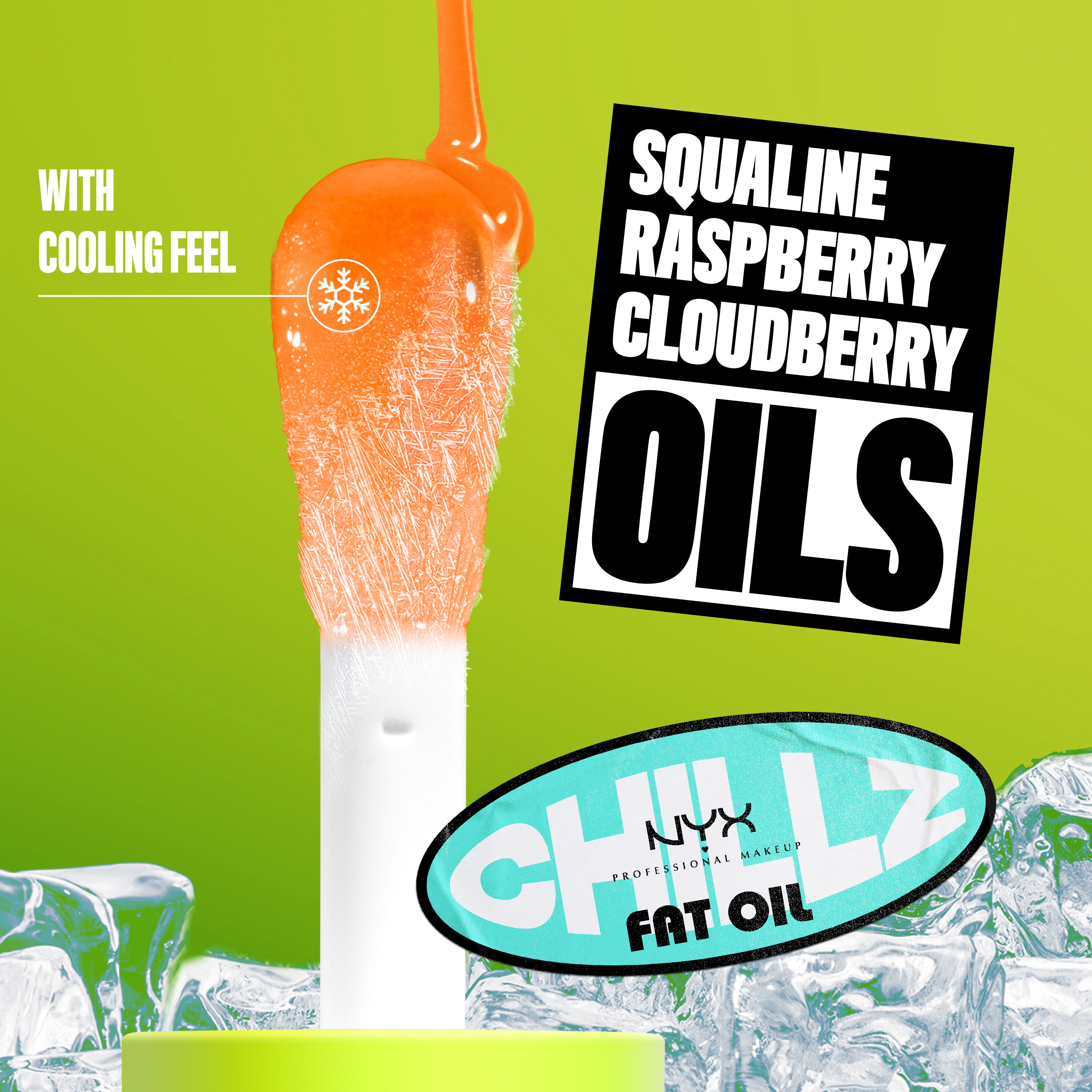Fat Oil Chillz close up to applicator with shade Citrus Chiller. With cooling feel. Squaline, Raspberry, Cloudberry Oils. 