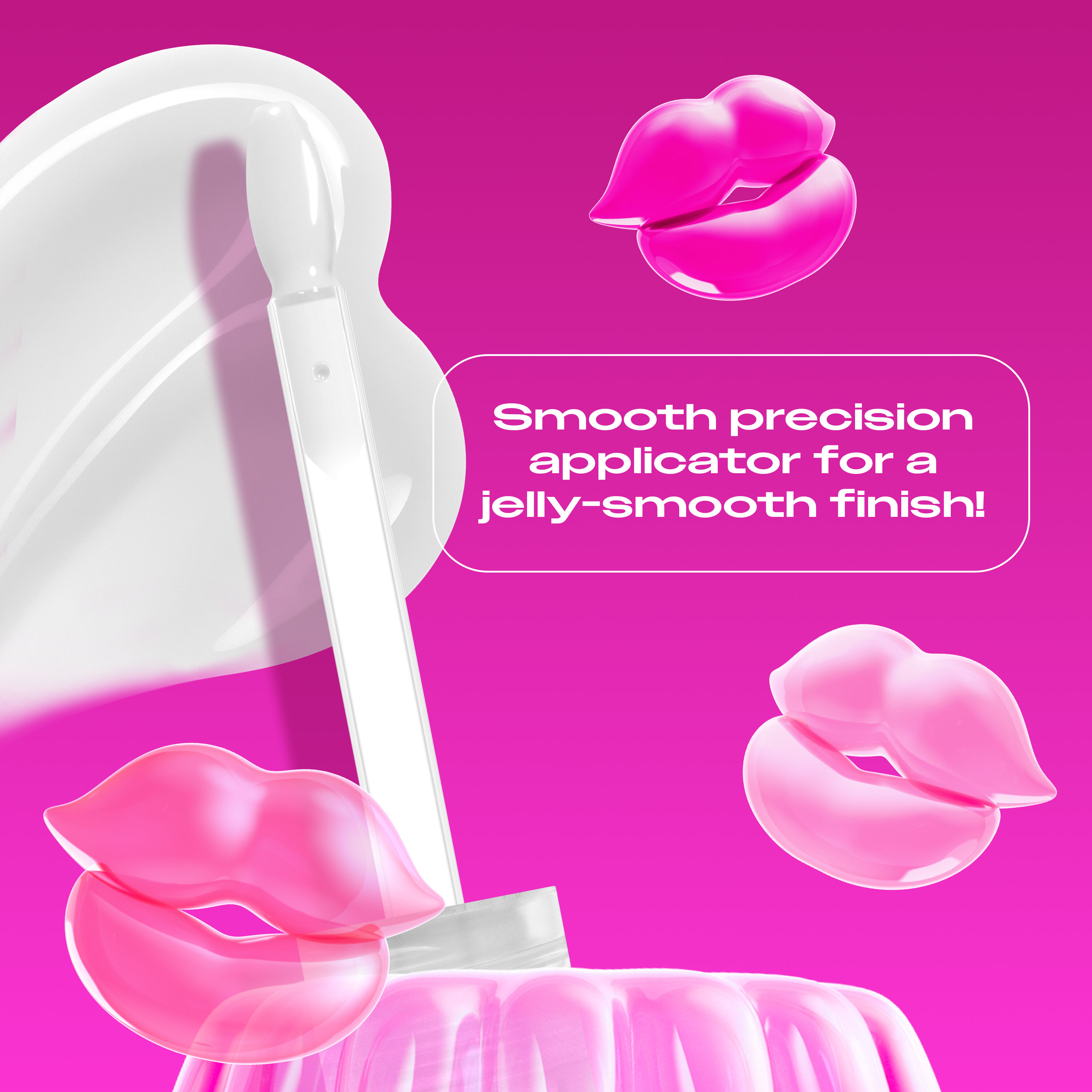 Jelly Job Lip Gloss applicator & swatch in shade 'Just Jelly', with text on precision applicator for smooth lip finish  