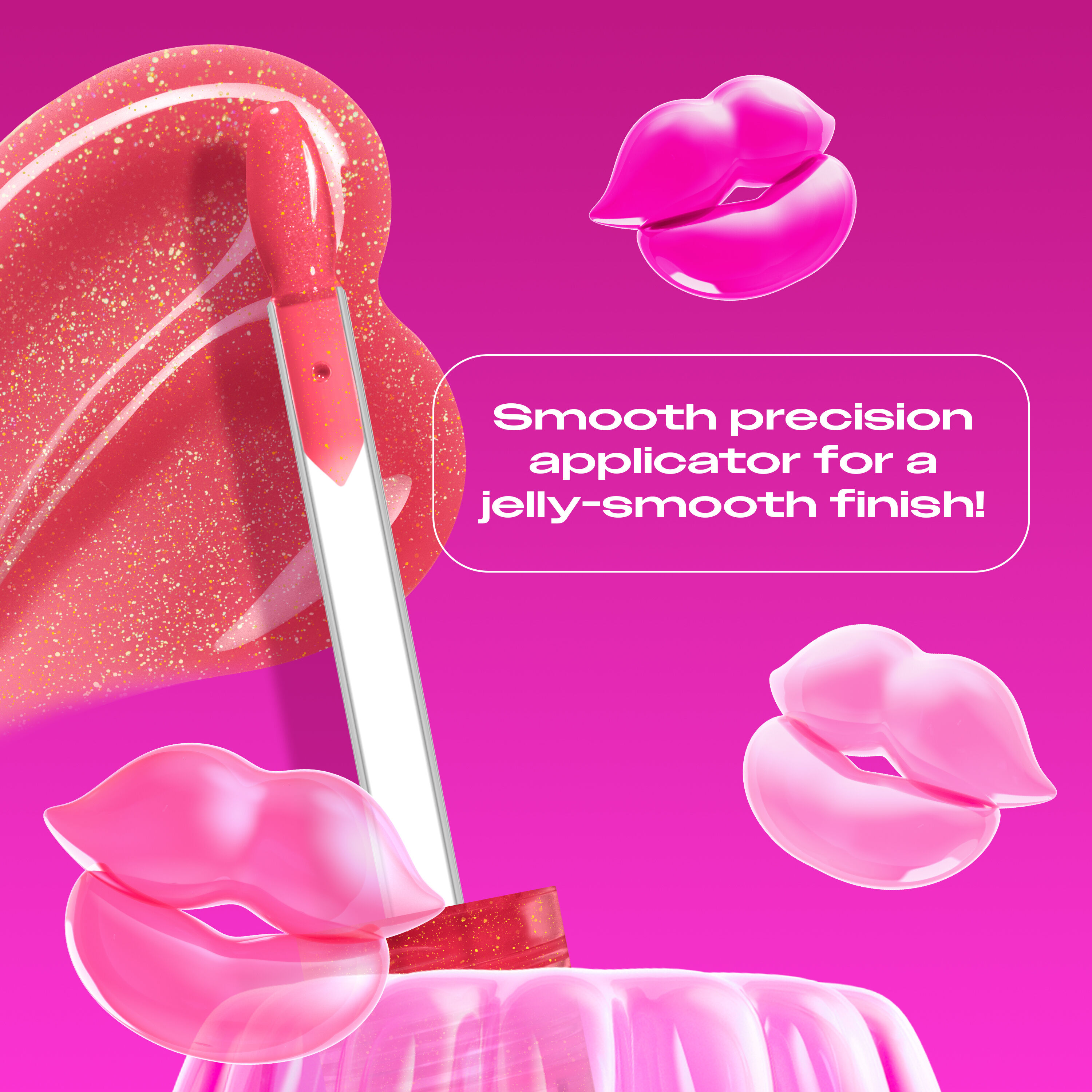 Jelly Job Lip Gloss applicator & swatch in shade 'Jelly Kiss'd', with text on precision applicator for smooth lip finish  