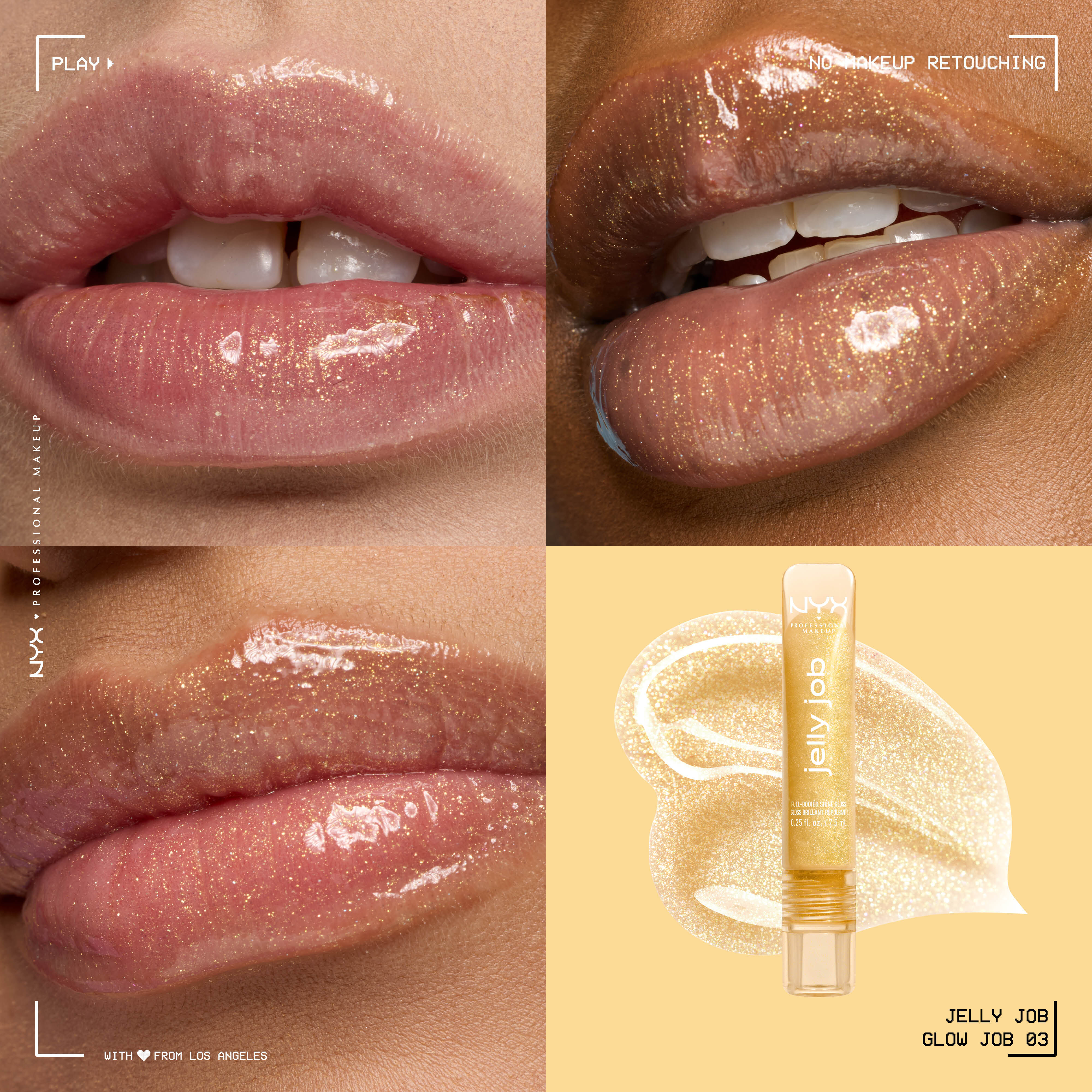 Close up of 3 models with varying skin tones wearing Jelly Job Jelly Lip Gloss in shade 'Glow Job', a gold shimmer color