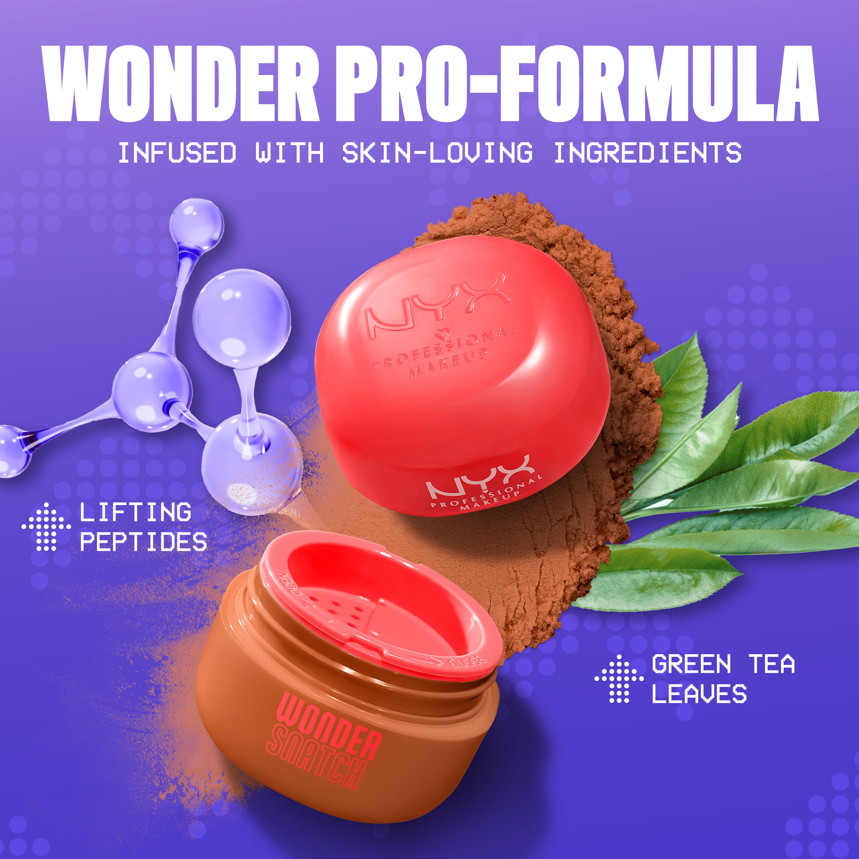 Open Wonder Snatch Setting Powder in translucent rich shade Cinnamon Catch with spilled powder, green tea leaves and peptides