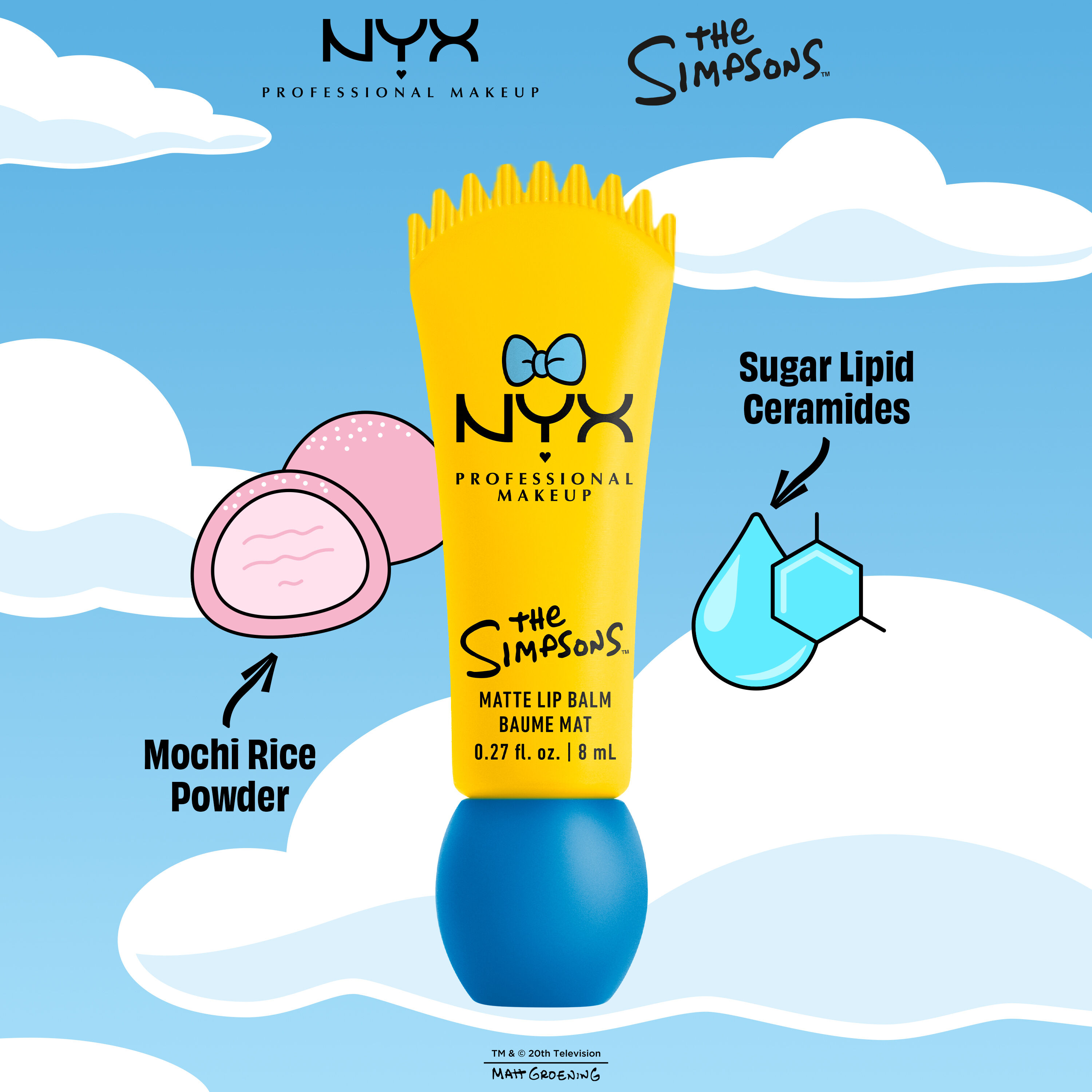 NYX Professional Makeup The Simpsons Smushy Matte Lip Balm packshot with illustrated ingredients including mochi rice powder and sugar lipid ceramides 03 Peekaboo Blue