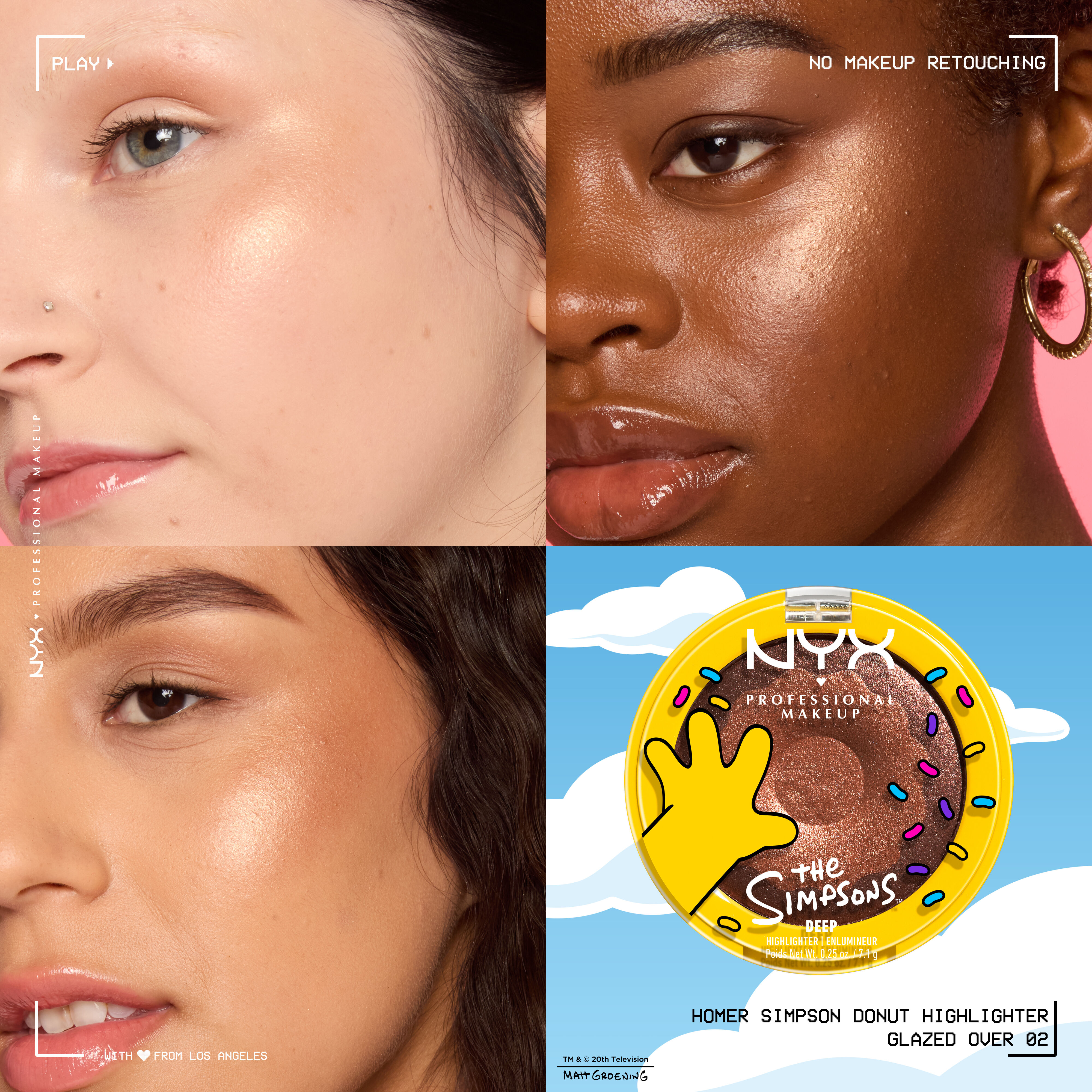 NYX Professional Makeup The Simpsons highlighter shade grid showing product swatches on different skin tones with donut-themed packaging in shade  02 Glazed Over