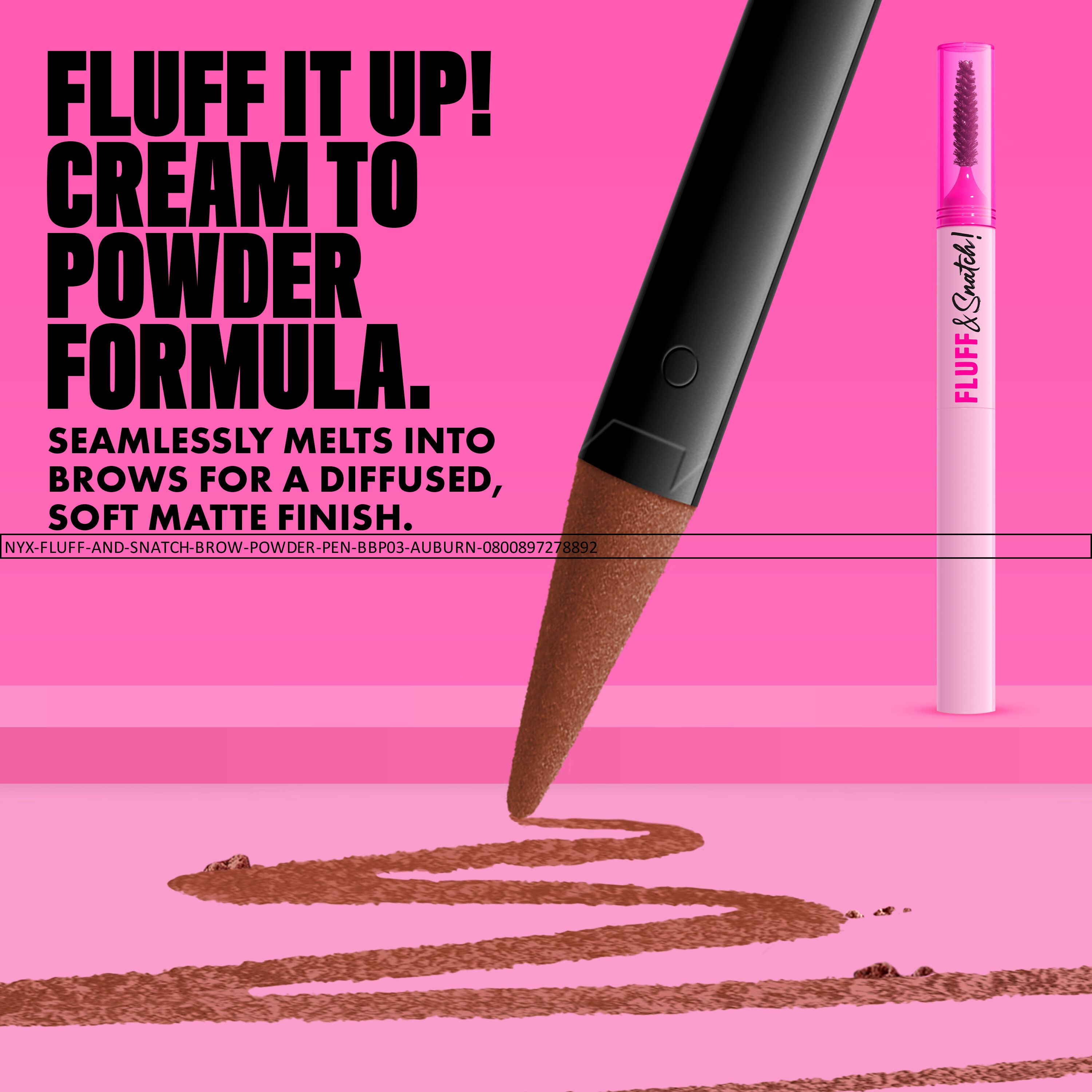 NYX Fluff and Snatch Brow Powder Pen with product swatch and benefits text on a pink background in shade 03 Auburn