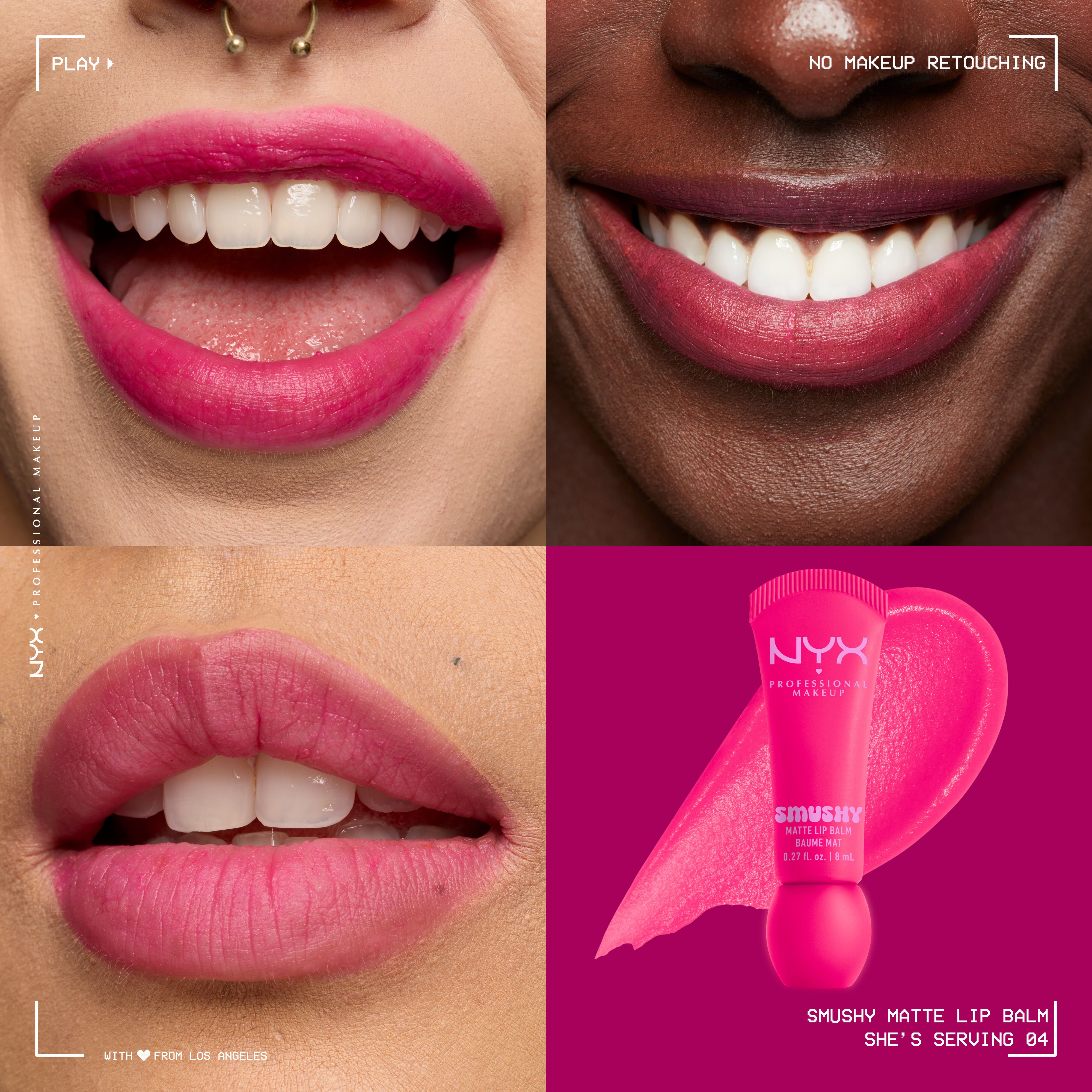 Smushy Matte Lip Balm in fuschia shade, She's Serving, on three different skin tones