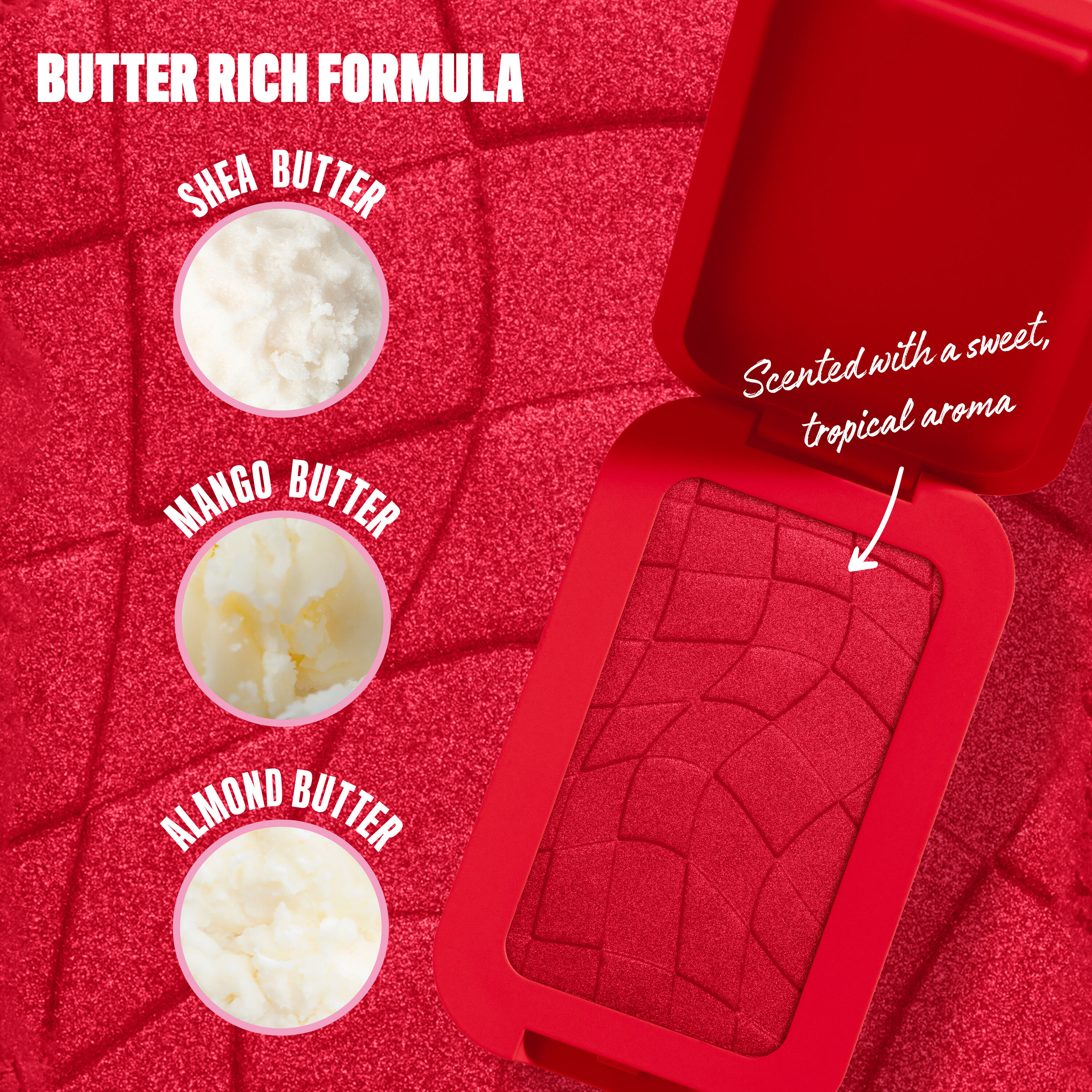 Open NYX Professional Makeup Buttermelt Blush compact in 5.5 Butta Cherry Pop, a bright red powder blush, on a matching red backdrop with shea butter, mango butter, and almond butter ingredient callouts.