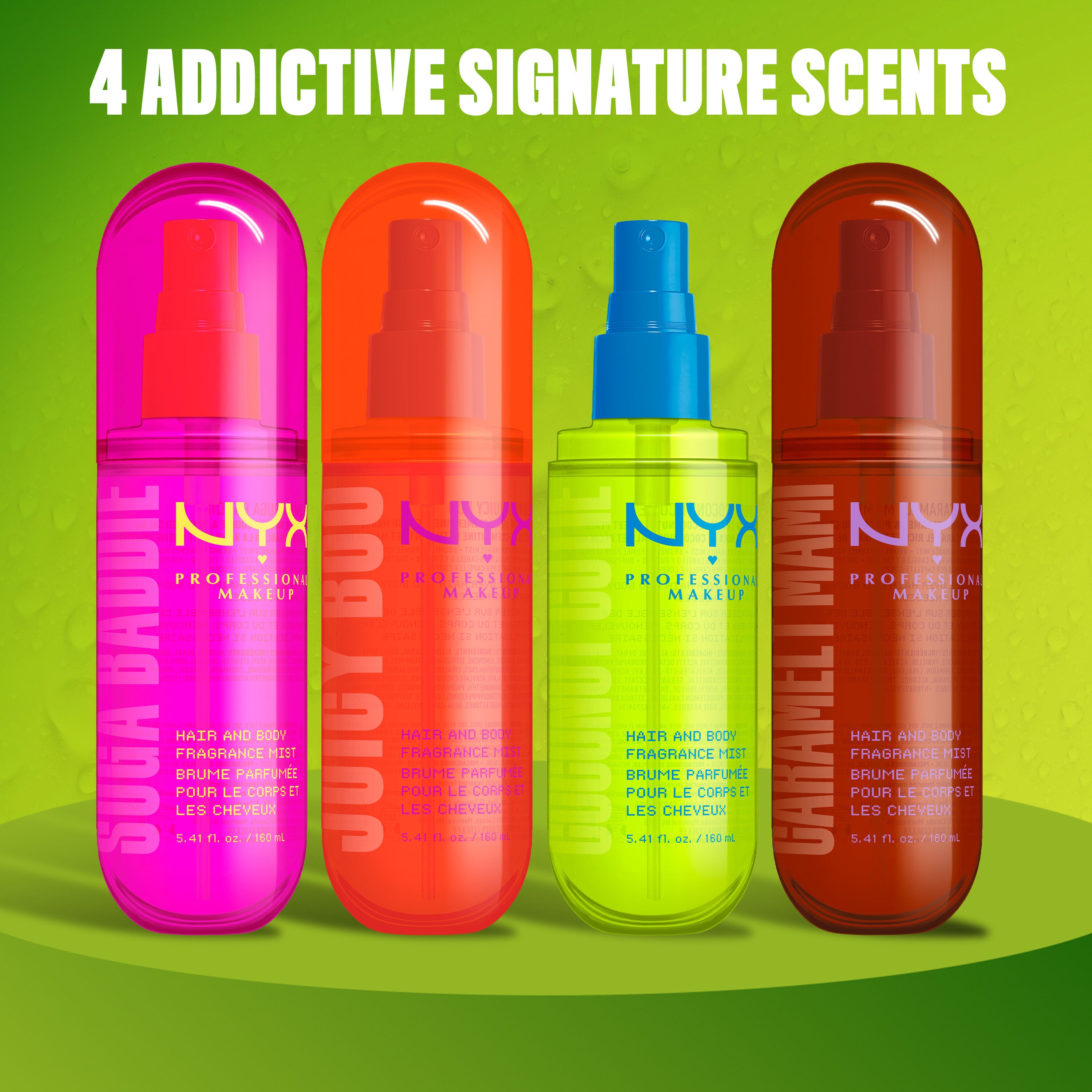 4 Addictive Signature Scents - all 4 NYX Professional Makeup Hair & Body Fragrance Mist bottles on colorful background.