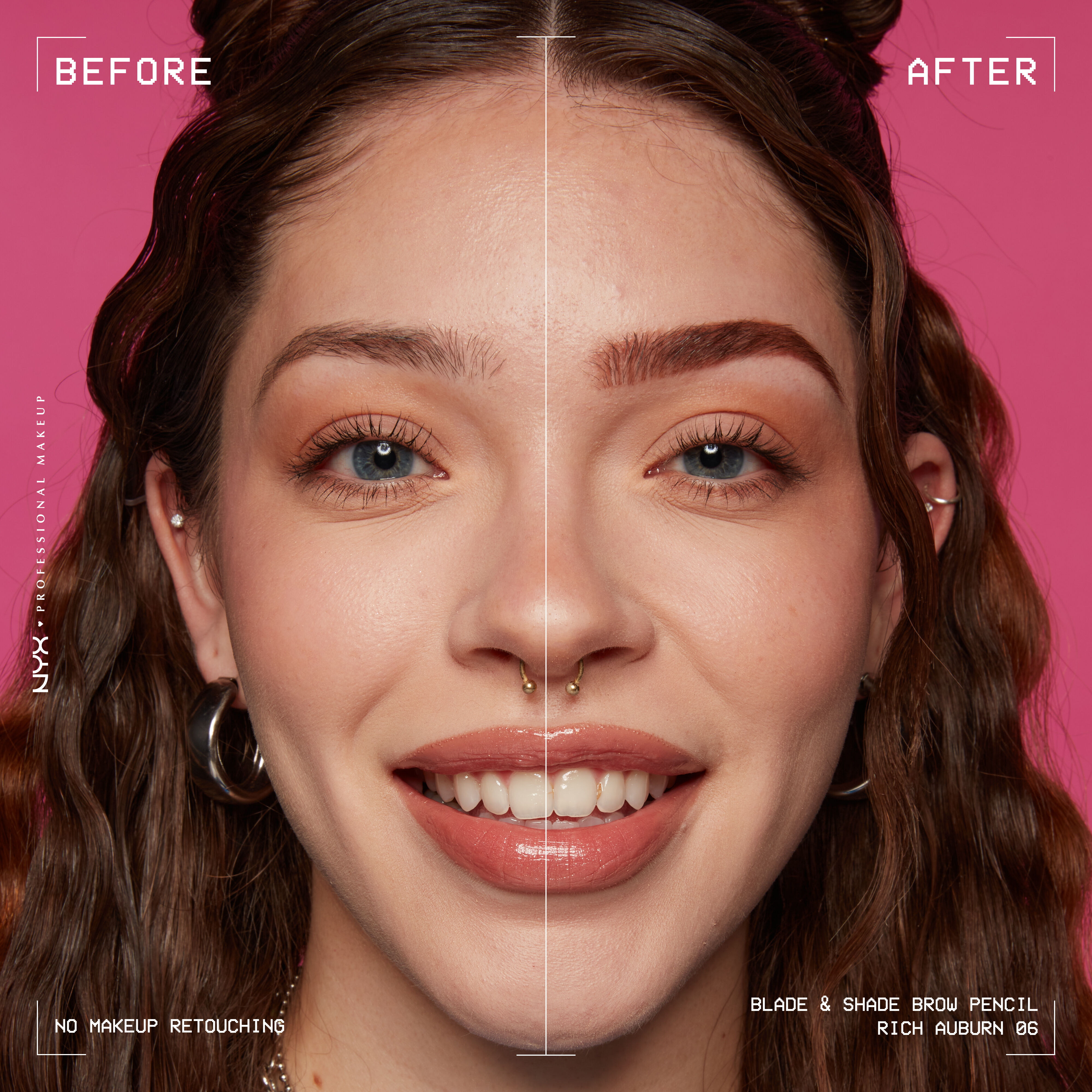 woman facing forward showing before and after of Blade & Shade Nano Brow Pencil on eyebrows