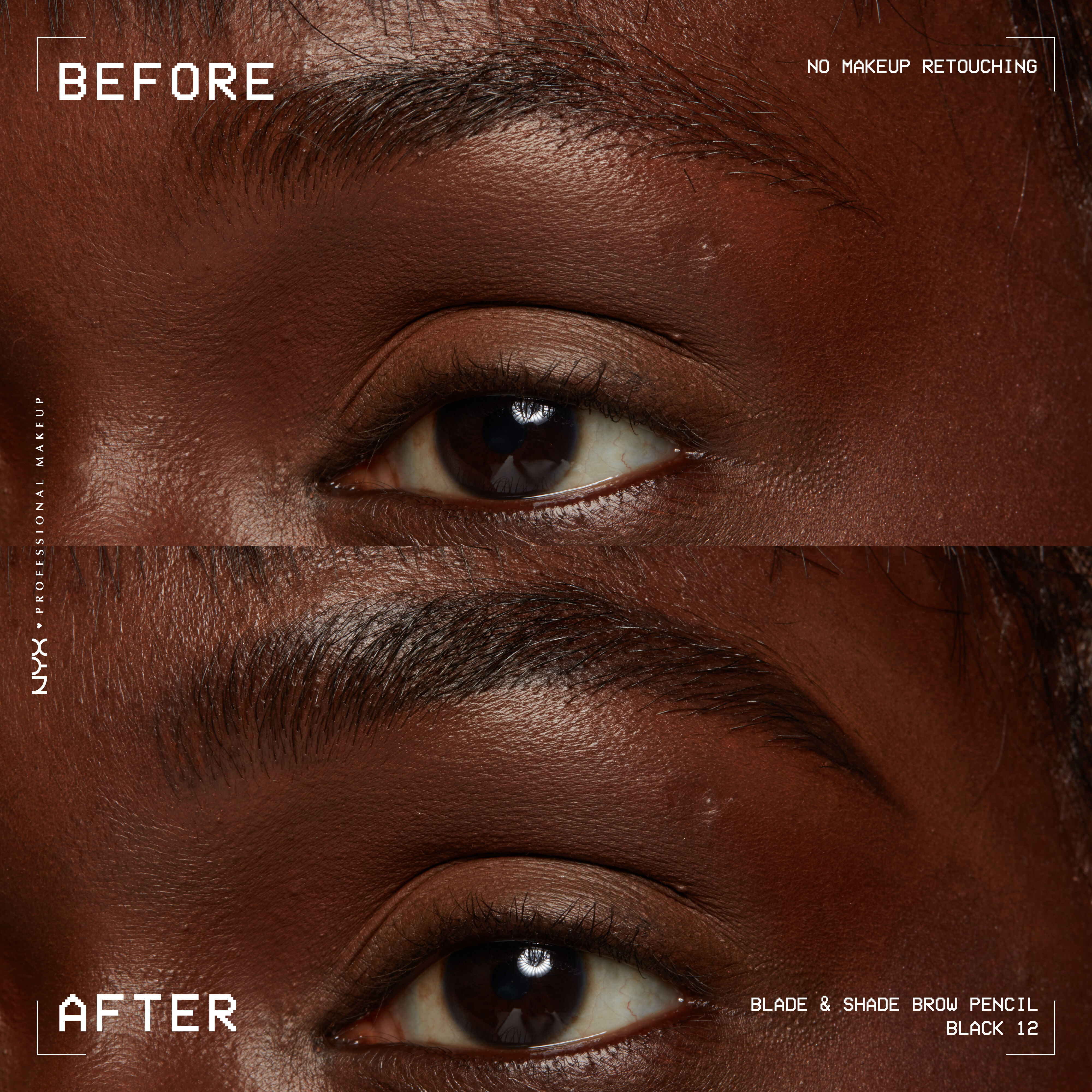 closeup before and after of Blade & Shade Nano Brow Pencil on light brown eyebrow