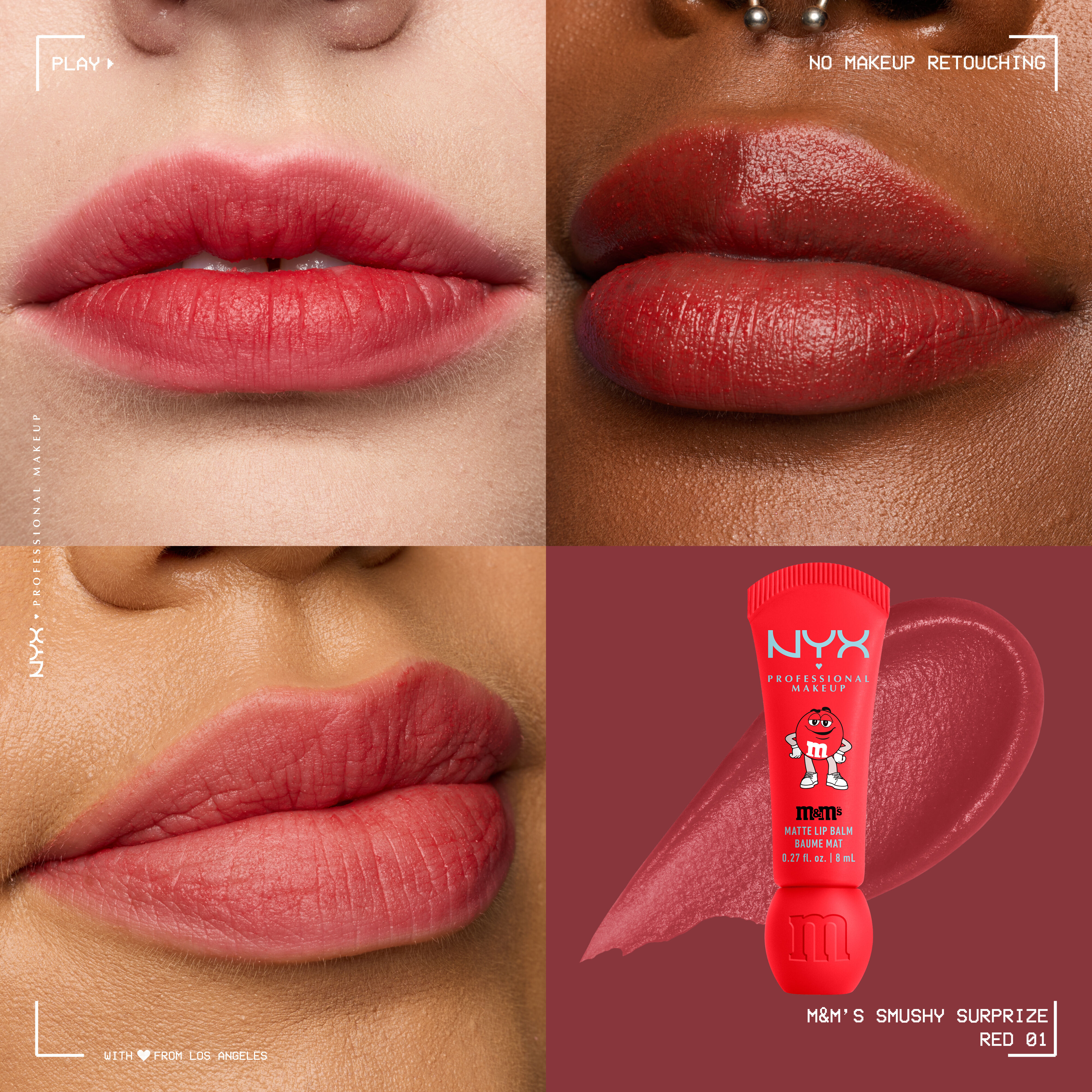 Close-up collage of three models wearing NYX Professional Makeup M&M'S Smushy Surprize Red 01 matte lip balm, with the red tube and matching lip swatch shown on the right.