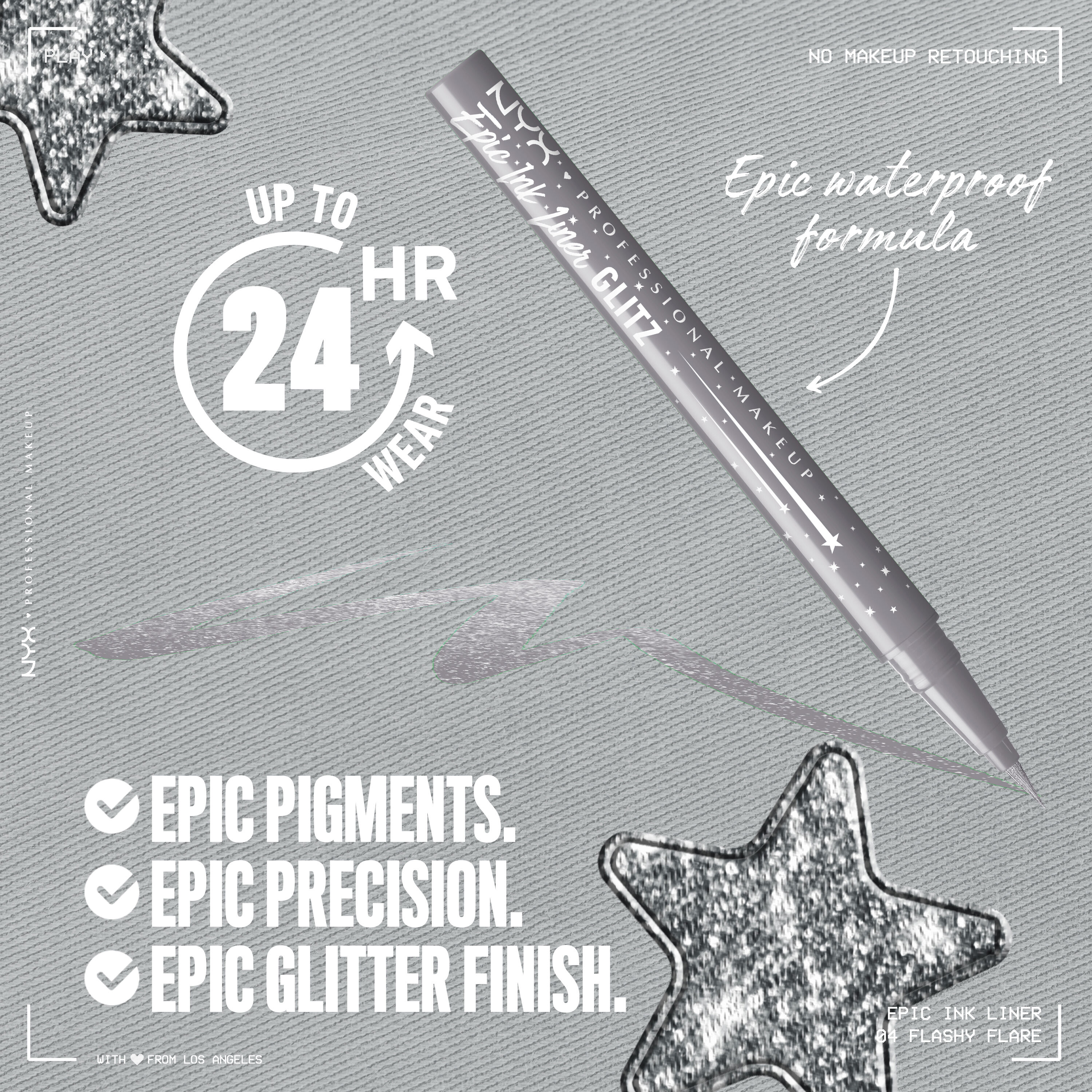 Epic Ink Liner in shimmer light grey with text "Up to 24 HR wear. Epic Pigments. Epic Precision. Epic Glitter Finish"