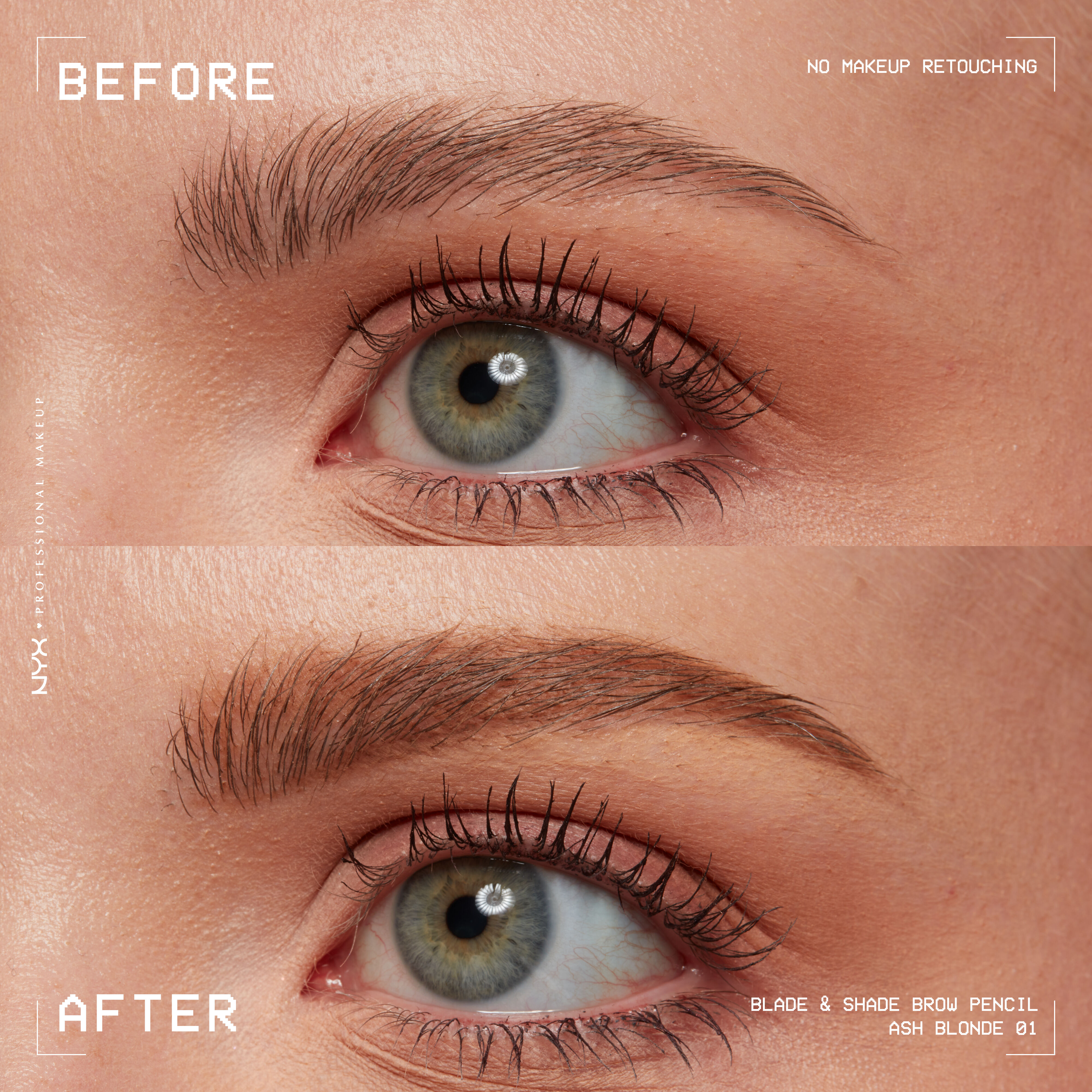 closeup before and after of Blade & Shade Nano Brow Pencil on light brown eyebrow