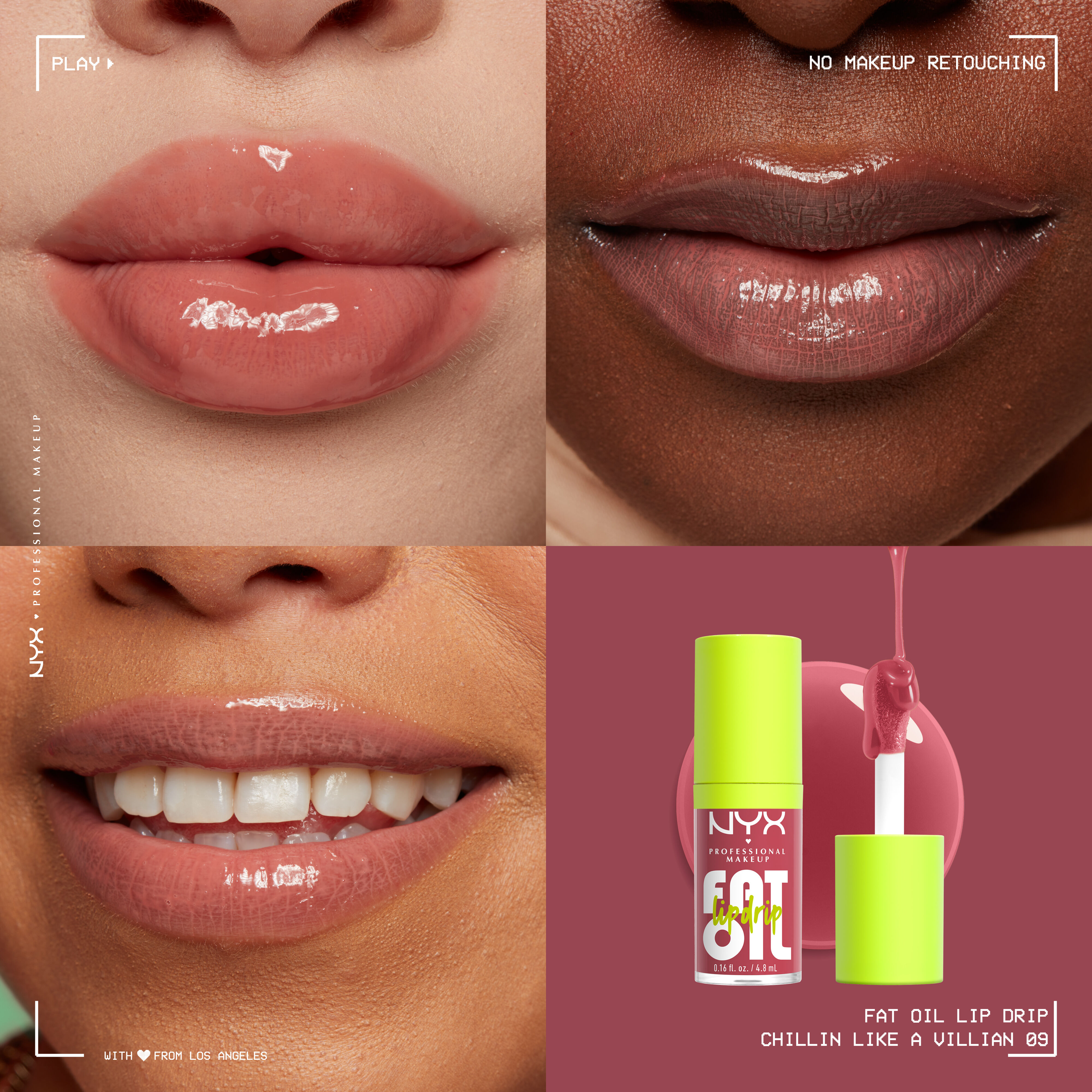 Fat Oil Lip Drip Lip Oil in shade Chillin' Like A Villain on three different skin tones