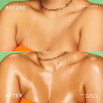 Side by side of model's chest before and after applying Juicy Boo Body Oil to show the brightening, tinted finish it leaves on skin.