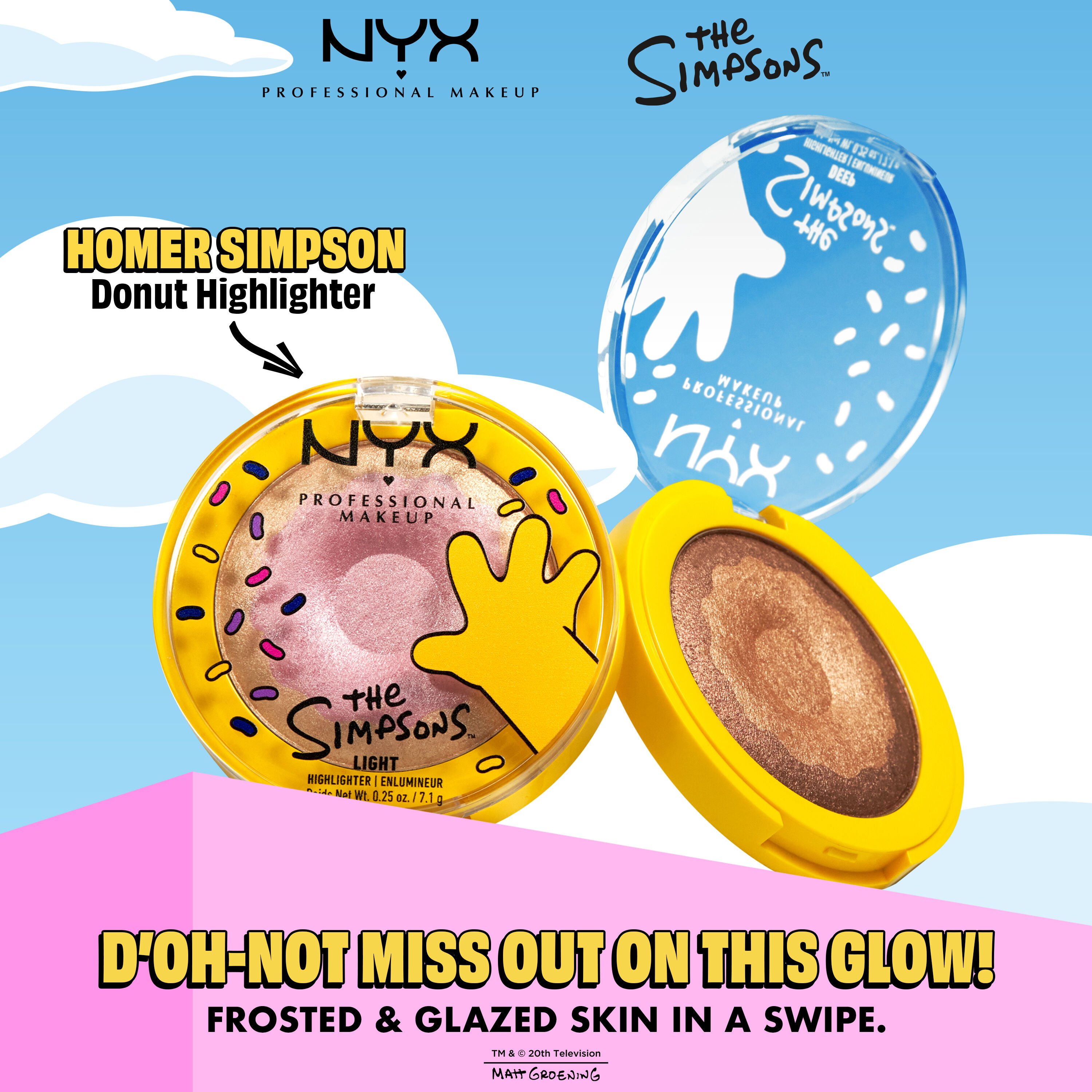 NYX Professional Makeup The Simpsons highlighter range, two donut-themed compacts with blue background and product description text.