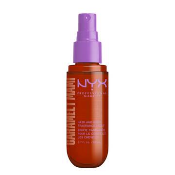 NYX Professional Makeup FAT OIL Caramelt Mami Hair & Body Fragrance Mist - front packshot of brown/amber bottle on white background