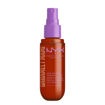 NYX Professional Makeup FAT OIL Caramelt Mami Hair & Body Fragrance Mist - front packshot of brown/amber bottle on white background