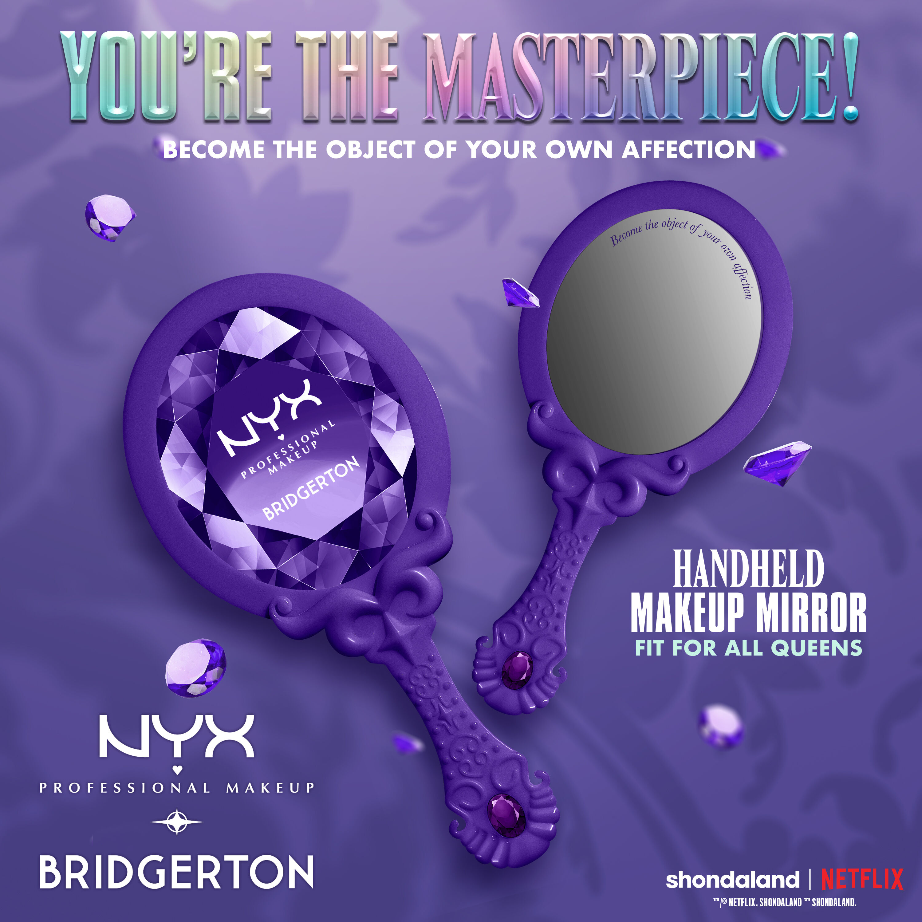 NYX Professional Makeup Bridgerton Royal Reflections Handheld Mirror with ornate purple handle, highlighting benefit as a handheld makeup mirror fit for queens on a purple background.