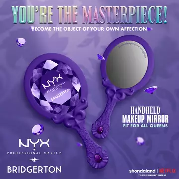 NYX Professional Makeup Bridgerton Royal Reflections Handheld Mirror with ornate purple handle, highlighting benefit as a handheld makeup mirror fit for queens on a purple background.