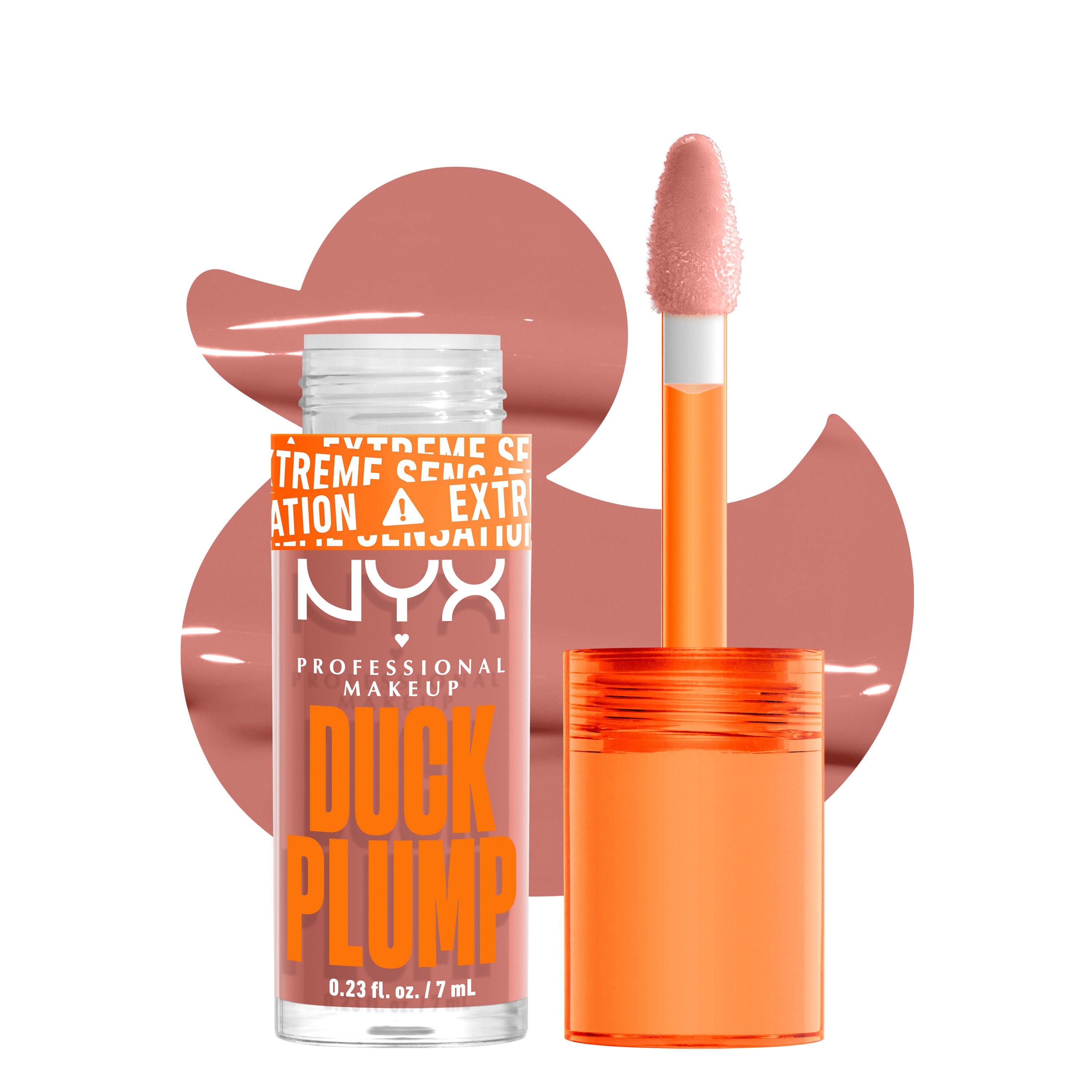 Duck Plump lip gloss bottle and applicator with duck cutout background