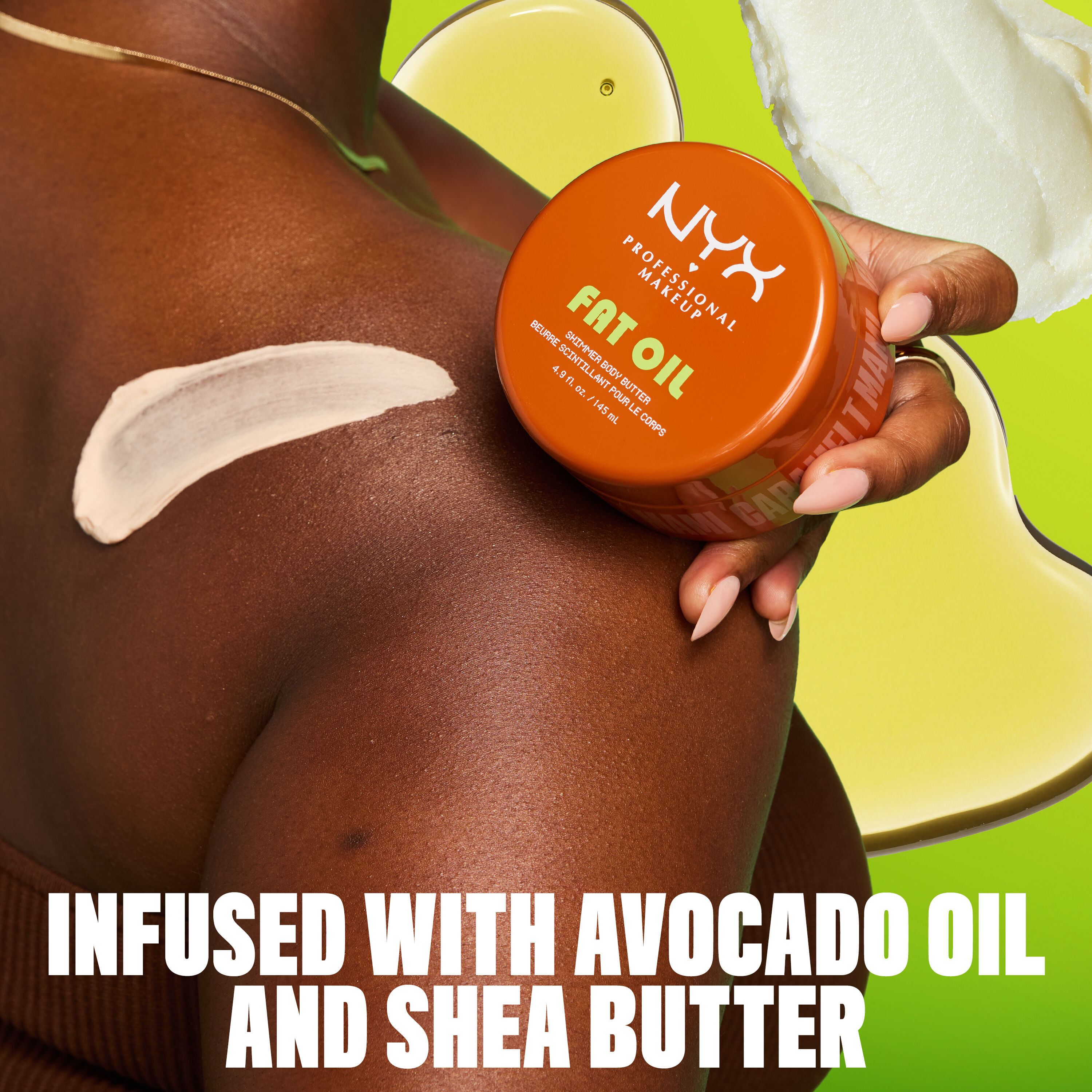 INFUSED WITH AVOCADO OIL AND SHEA BUTTER - Caramelt Mami orange jar on lime green background with ingredient callout