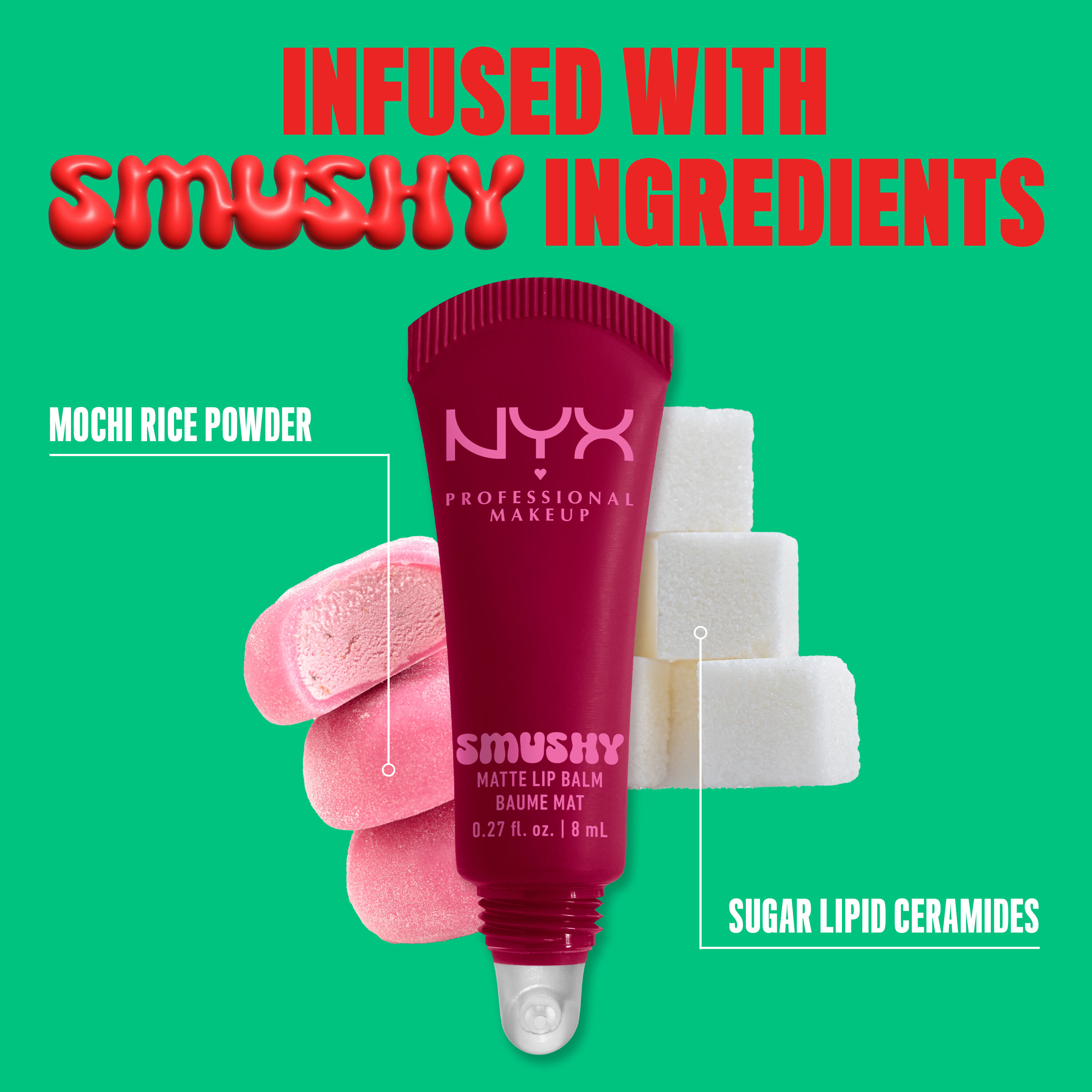 Smushy Matte Lip Balm in shade "Squeeze N Sizzle" with mochi & sugar cubes with text "mochi rice powder" & "sugar lipid ceramides"