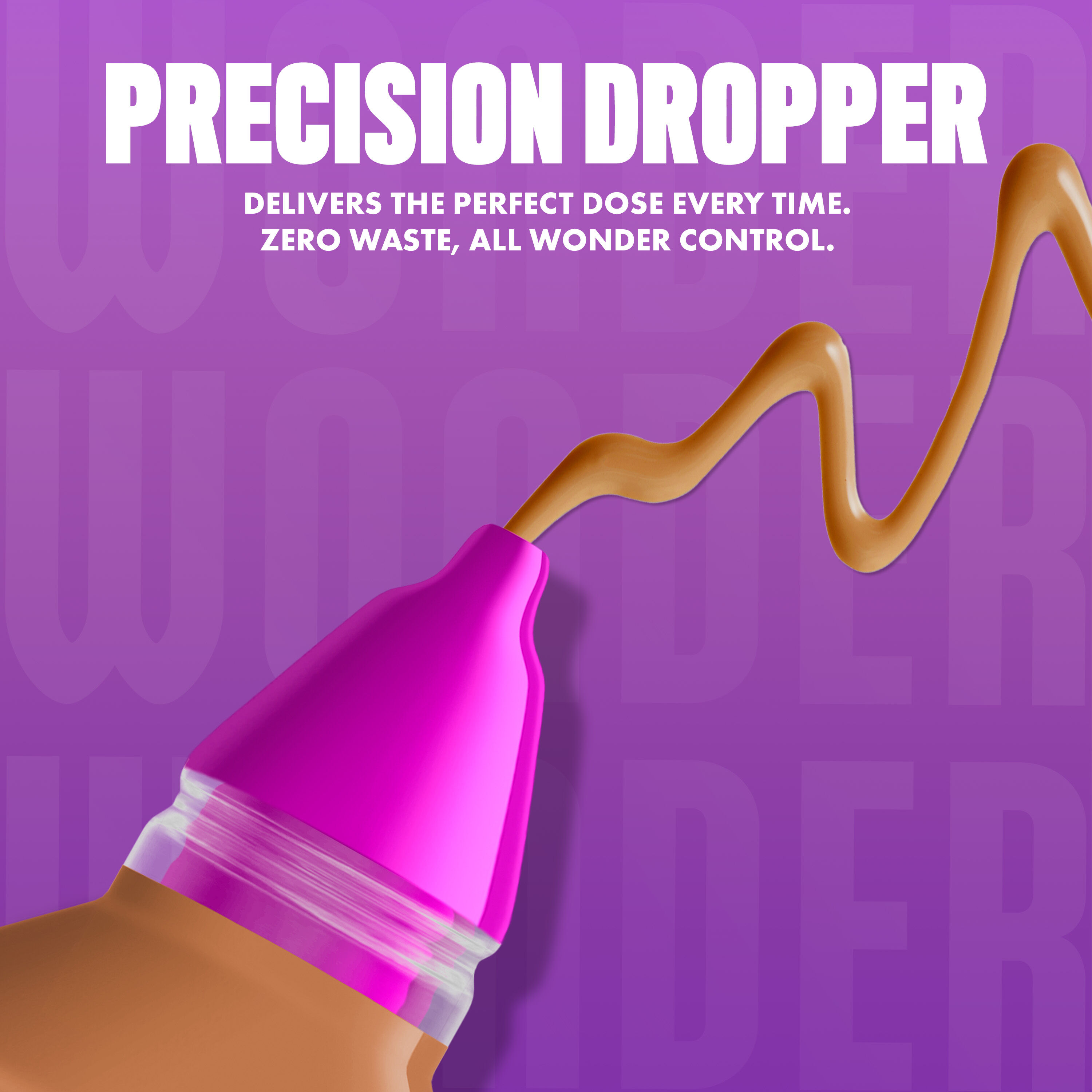 NYX Make ’Em Wonder Foundation in shade 27 True Caramel releasing a smooth, rich caramel brown foundation with text  “Precision Dropper.”